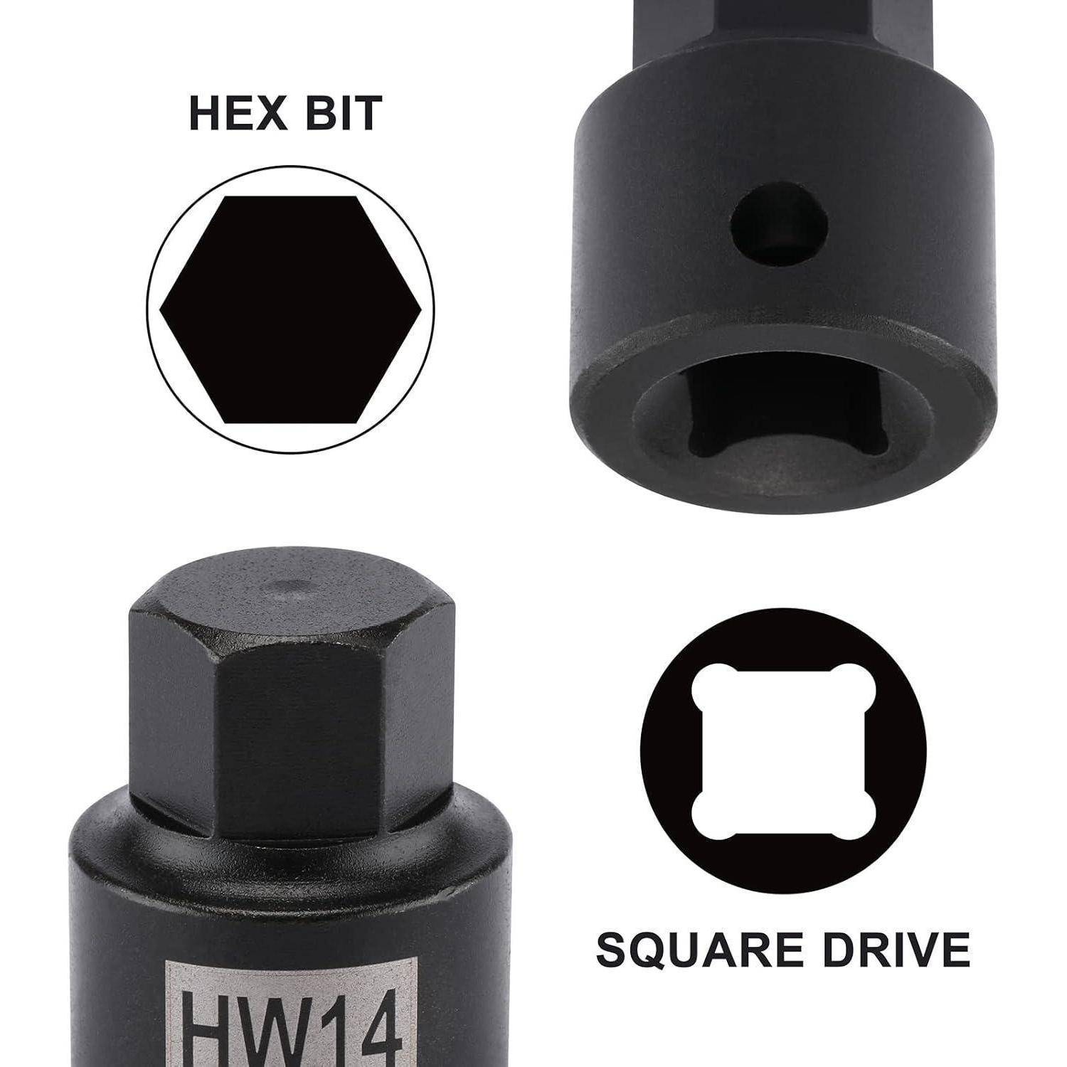 Illustration eines Steckschlüssel-Adapters mit Sechskant-Bit und Vierkantantrieb, beschriftet HW14.