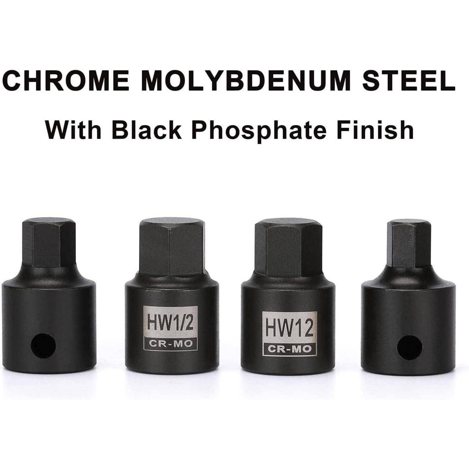 Vier schwarze Chrommolydbän-Steckverbinder aus Stahl mit schwarzer Phosphatbeschichtung; zwei sind mit HW1/2 CR-MO und HW12 CR-MO gekennzeichnet.