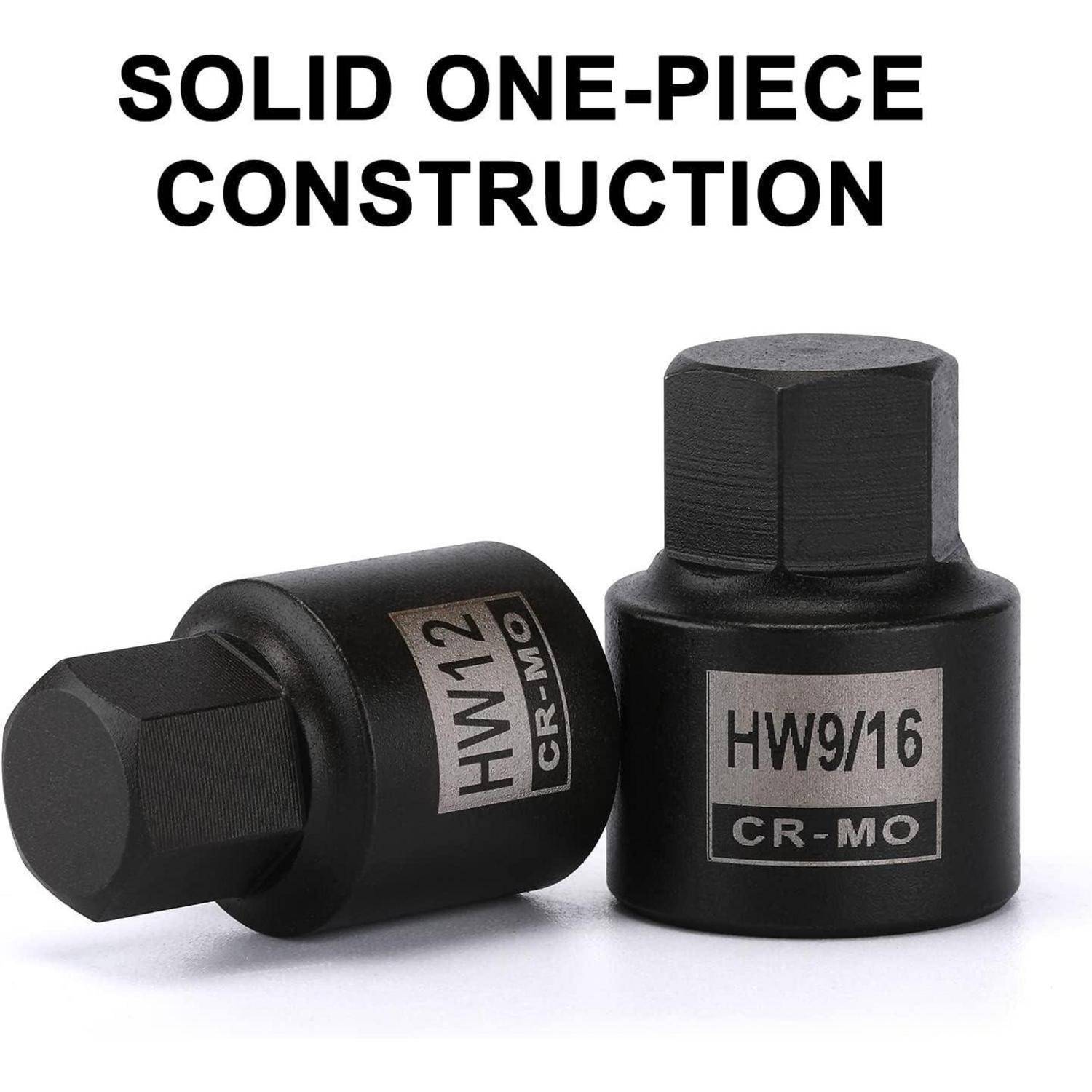 Produktbild von zwei schwarzen einteiligen Steckschlüsseln mit der Bezeichnung „HW9/16 CR-MO