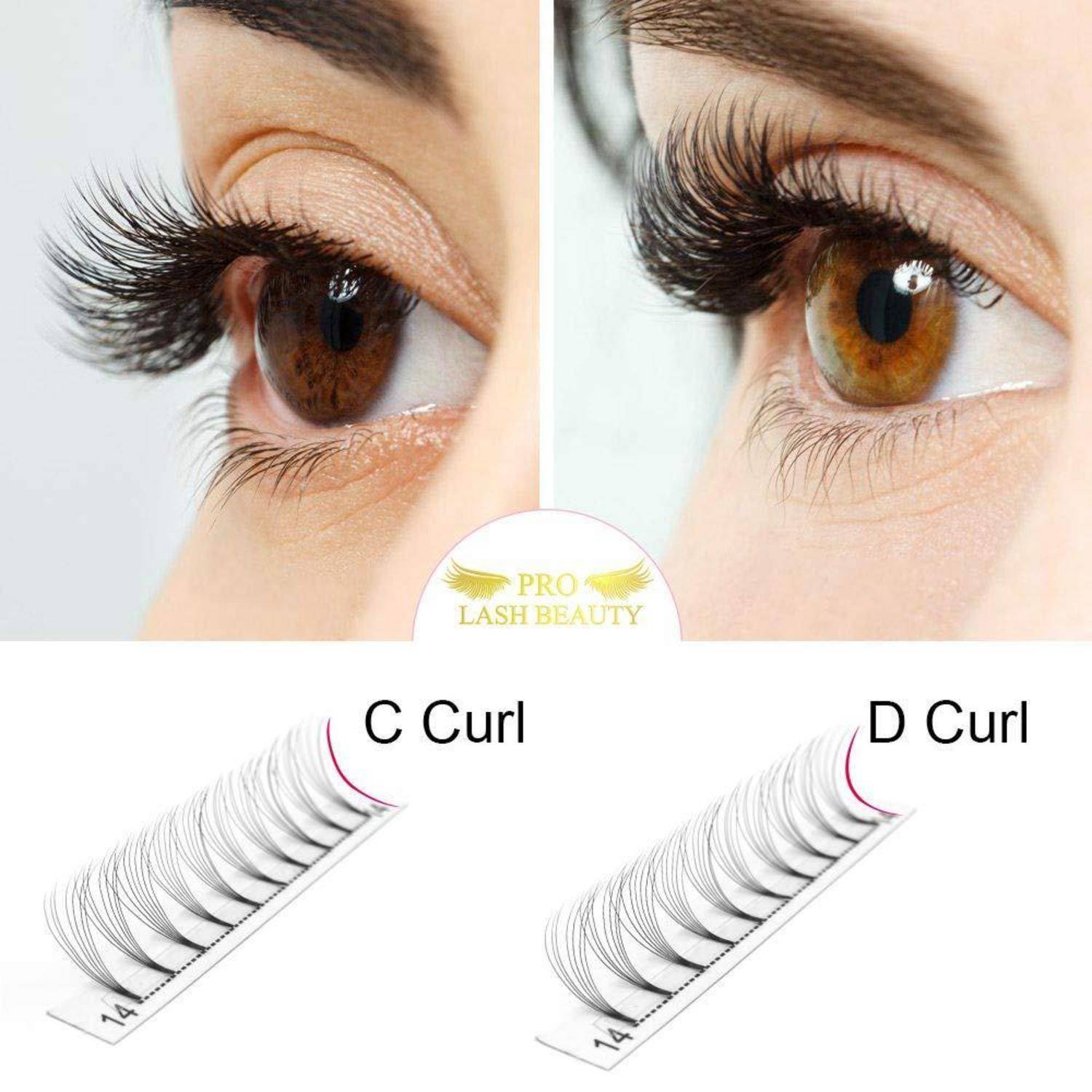 Vergleich von Wimpernverlängerungen: links 'C Curl' und rechts 'D Curl', wobei der D Curl stärker angehoben und dramatischer ist als der C Curl.