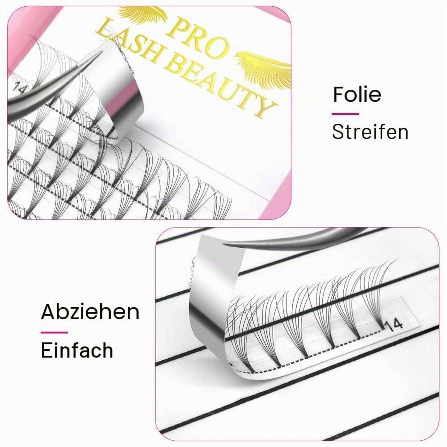Werbebild mit Wimpernverlängerungsstreifen auf einer Folienunterlage, mit Nahaufnahmen zum Abziehen des Klebestreifens; Deutsche Beschriftungen lauten „Folienstreifen