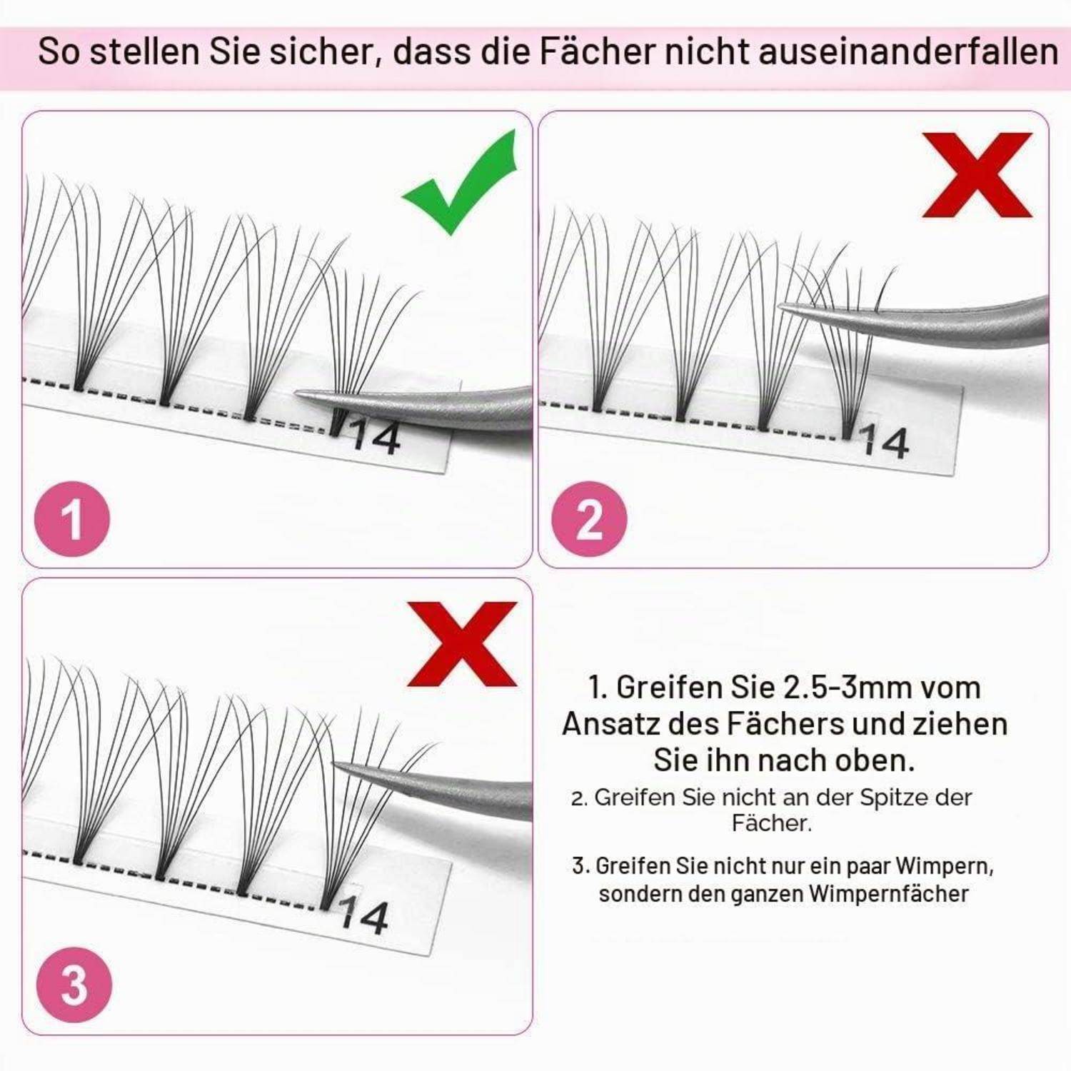 Anleitunssgrafik zum Anbringen von Wimpernverlängerungen ohne Verklumpung: Der korrekte Griff in der Nähe der Basis ist mit einem grünen Häkchen gekennzeichnet; falsche Griffe sind mit roten Kreuzen gekennzeichnet.