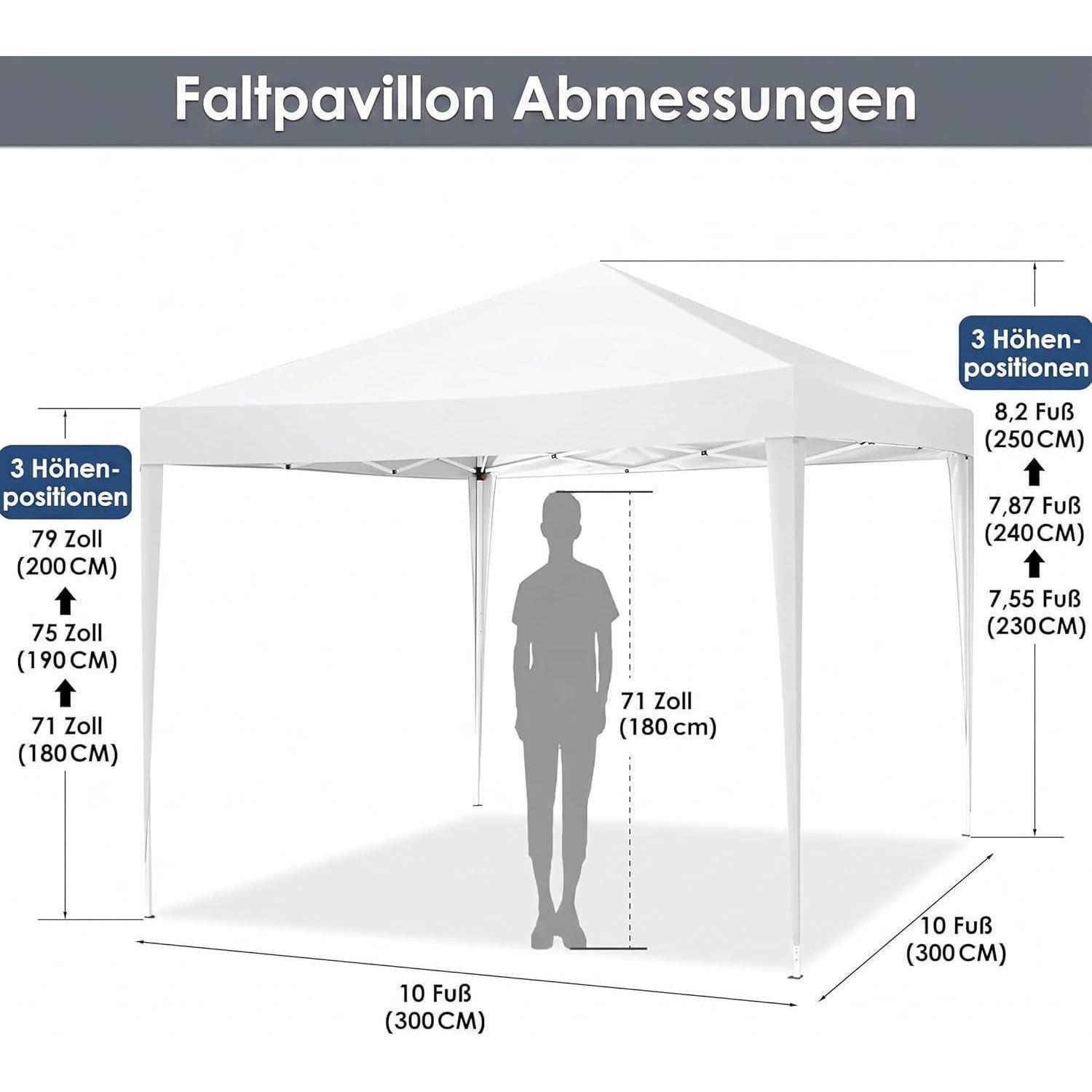 Diagramm eines Faltpavillons mit der Bezeichnung „Faltpavillon Abmessungen