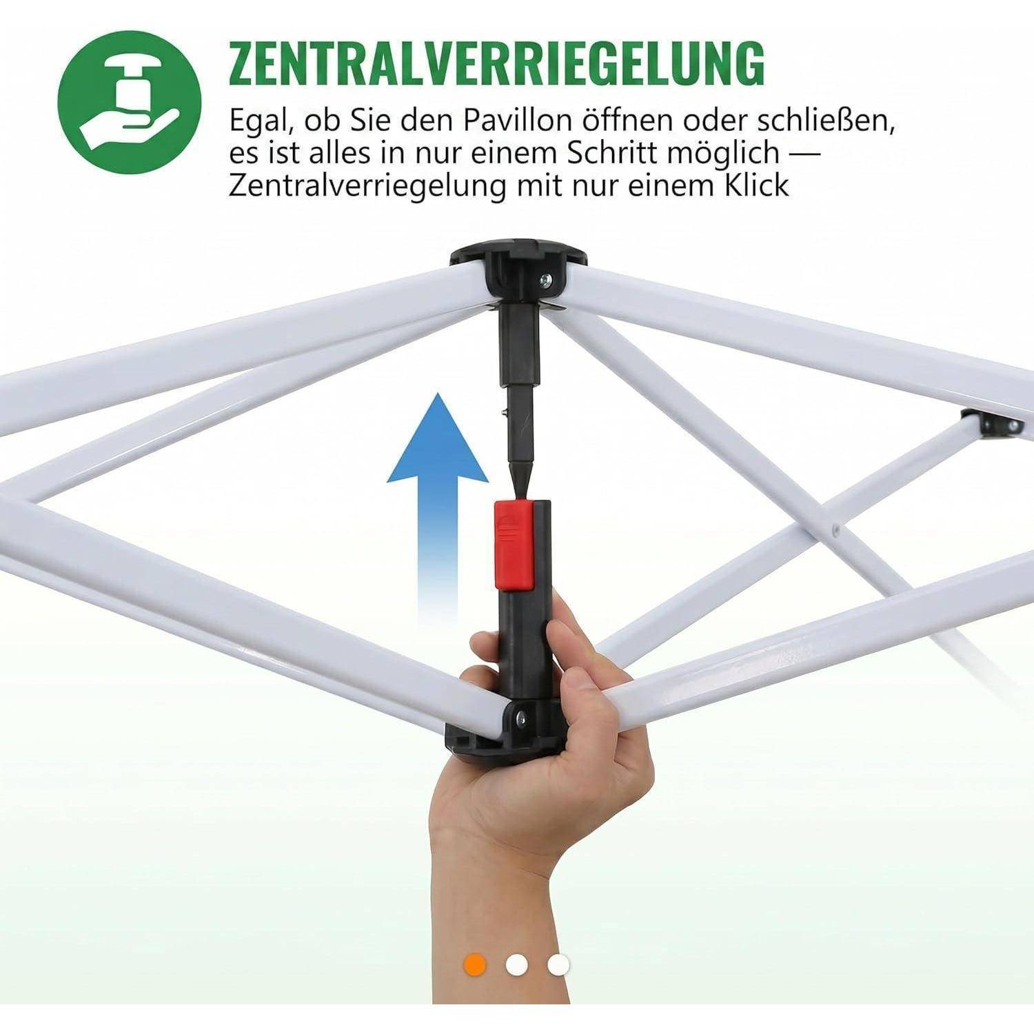 Hand aktiviert einen roten zentralverriegelungsmechanismus an einem weißen aufklappbaren Pavillon-Rahmen, mit deutschem Text, der die One-Click-Zentralverriegelung bewirbt.