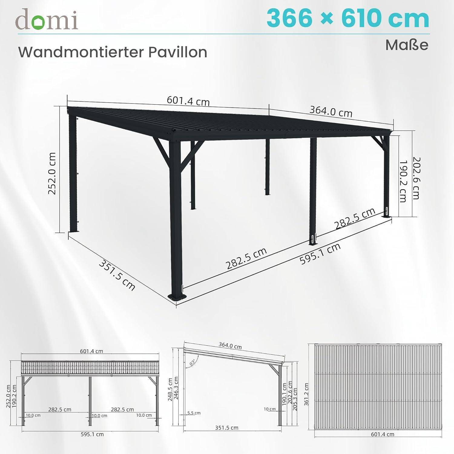 Technisches Diagramm eines wandmontierten Pavillons mit der Bezeichnung „domi", das die Abmessungen einer 366 × 610 cm großen Struktur mit Vorder-, Seiten- und Draufsichten zeigt.