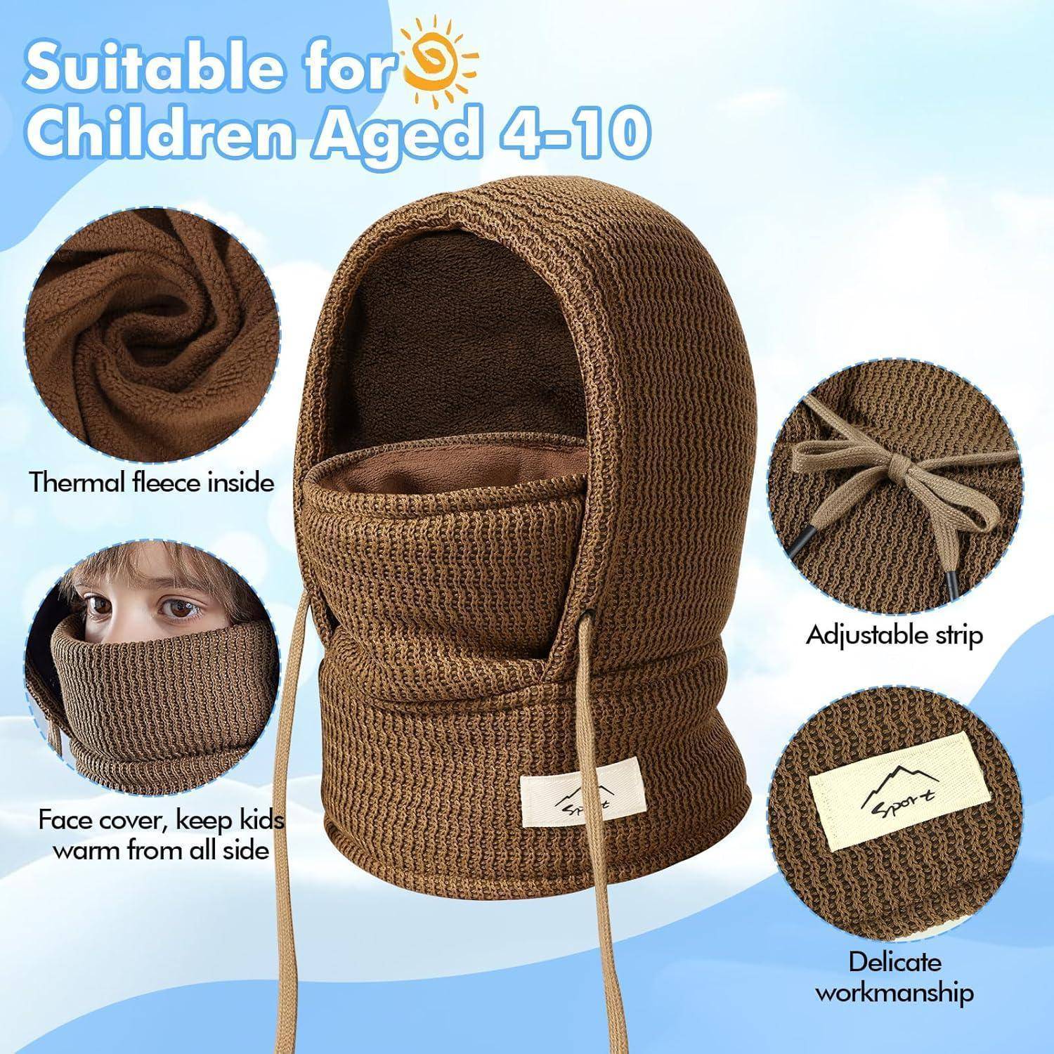 Braune gestrickte Kinder-Sturmhaube mit thermischem Fleece, verstellbarem Riemen und Gesichtsabdeckung; gekennzeichnet als geeignet für Kinder im Alter von 4–10 Jahren.
