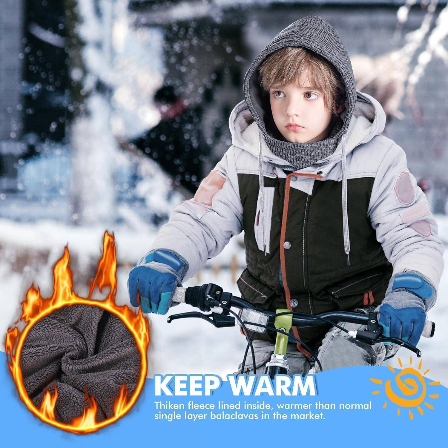Kind auf einem Fahrrad im Winter, das eine Kapuzenjacke und Handschuhe trägt, mit einer Produkthervorhebung, die „WARM BLEIBEN