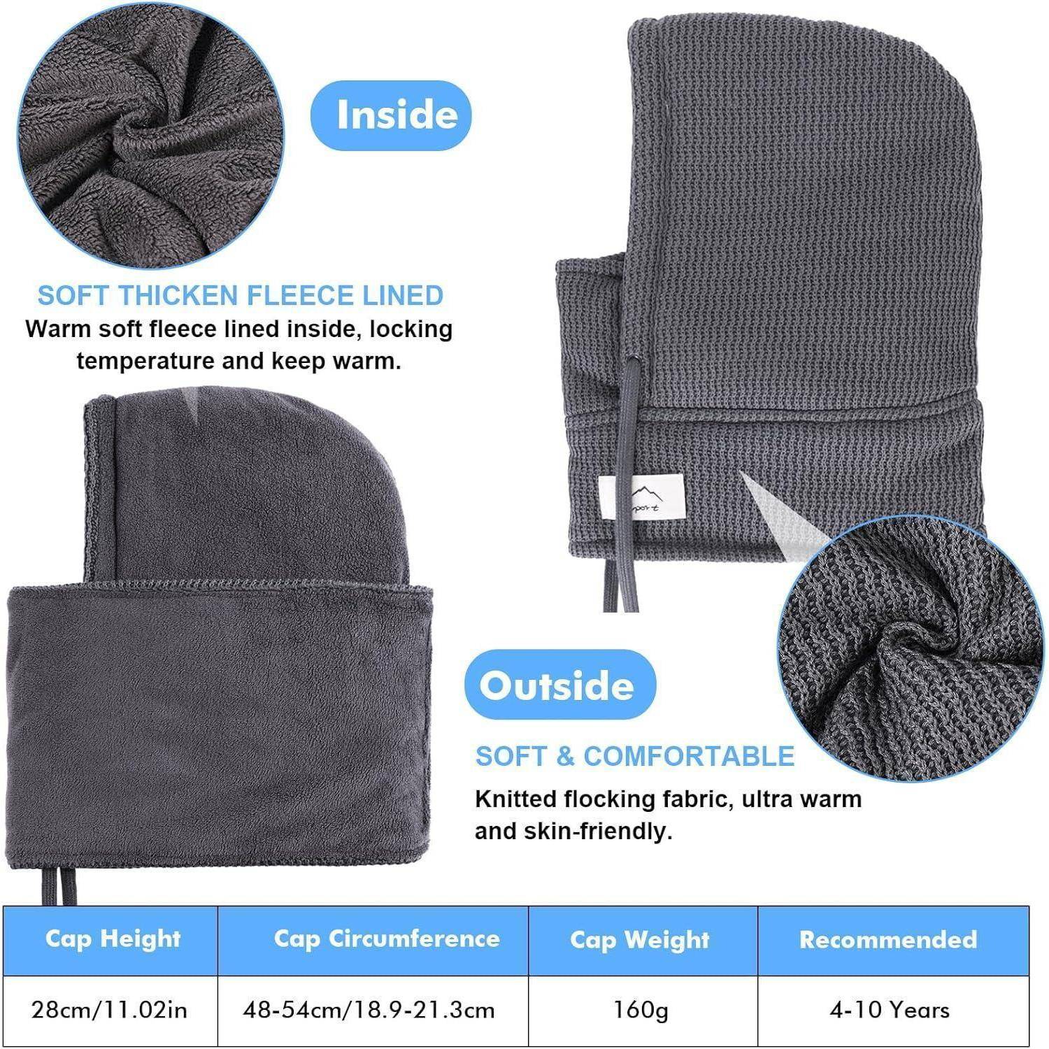 Produktinfografik einer grauen gestrickten Fleece-gefütterten Mütze mit Darstellung der Innen- und Außentexturen; vermerkt Mützenhöhe 28 cm, Umfang 48-54 cm, Gewicht 160 g, empfohlenes Alter 4-10 Jahre.