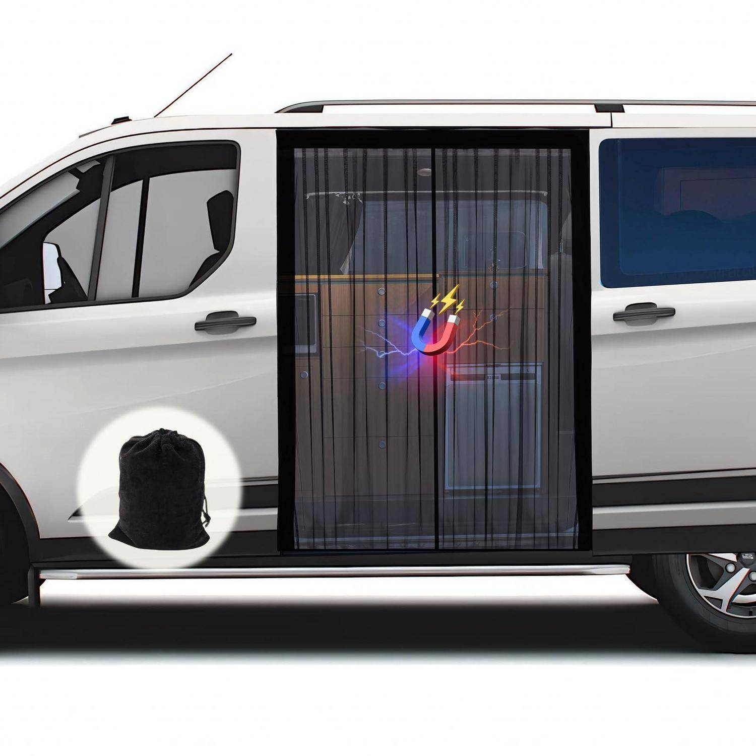 Seitenansicht eines weißen Transporters mit Schiebetür, auf der ein schwarzes Insektengitter und eine magnetische Befestigungstasche in der Nähe des unteren Türbereichs hervorgehoben sind.