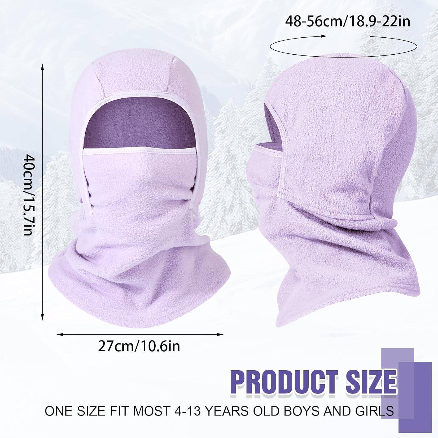 Größentabelle für eine violette Kinder-Sturmhaube, von vorne und von der Seite gezeigt, mit den Maßen 40 cm Höhe, 27 cm Breite und 48-56 cm Kopfumfang; eine Größe passt für die meisten Kinder im Alter von 4-13 Jahren.