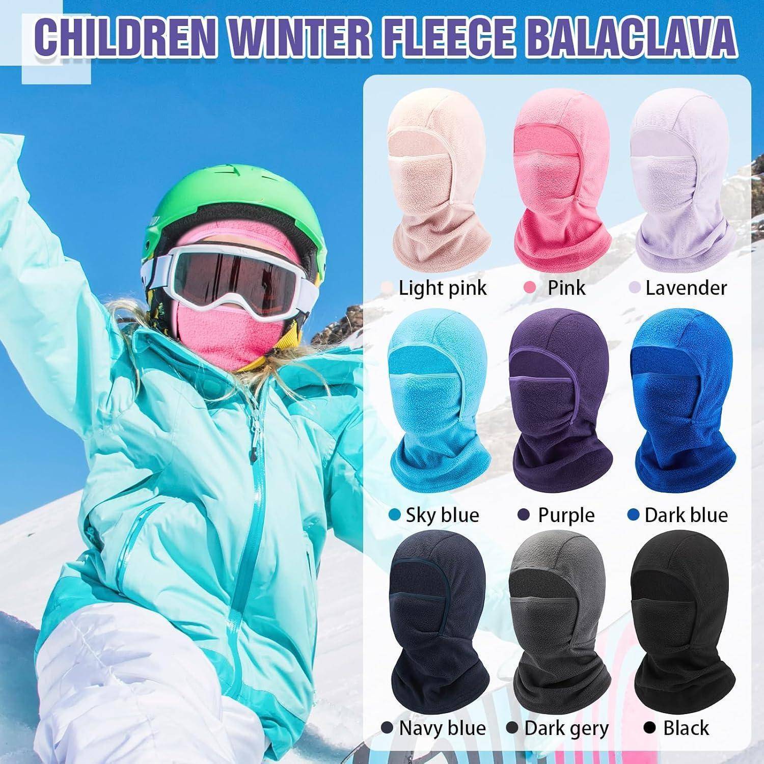 Produkt-Anzeige für Fleece-Skimasken für Kinder im Winter, zeigt ein Kind beim Skifahren und neun Farboptionen: Hellrosa, Rosa, Lavendel, Himmelblau, Violett, Dunkelblau, Marineblau, Dunkelgrau und Schwarz.