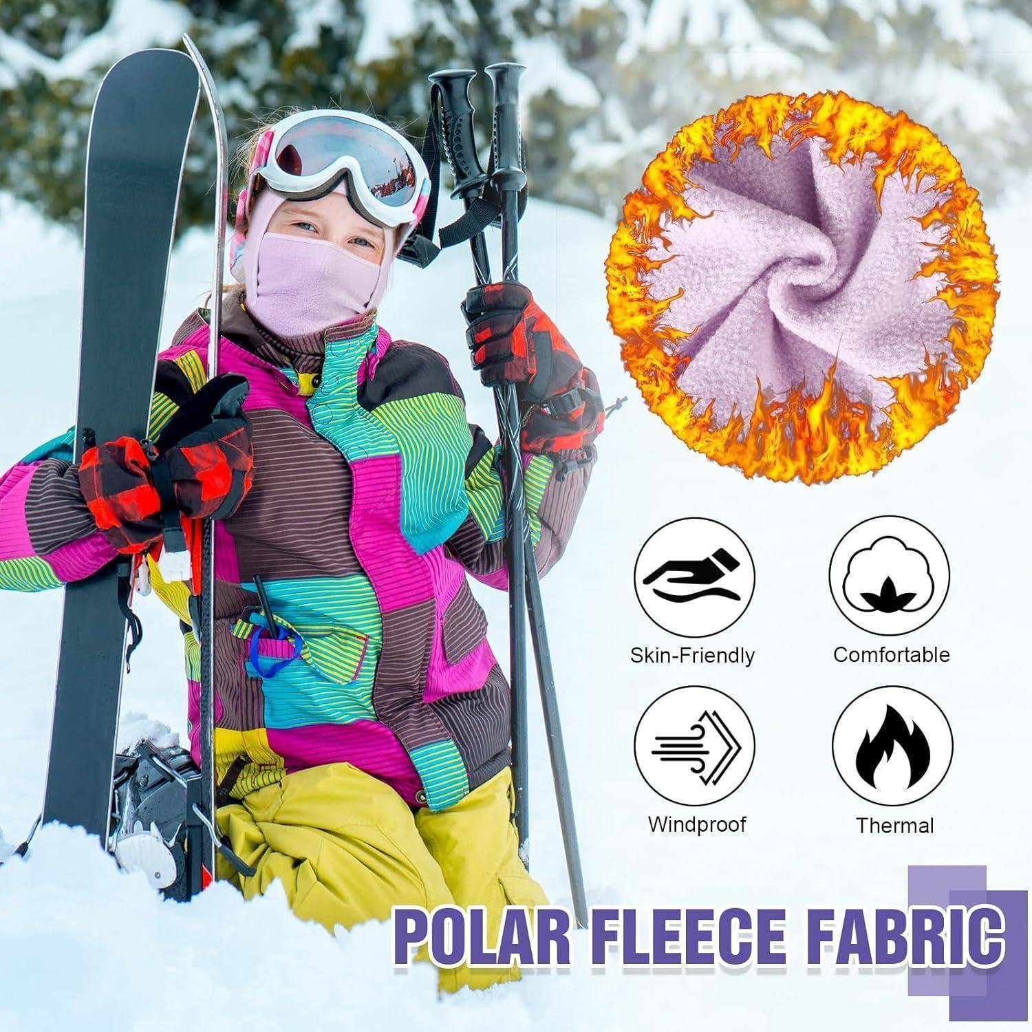 Skifahrer in bunter Winterkleidung, der Ski und Stöcke neben einer Infografik für „POLAR FLEECE STOFF