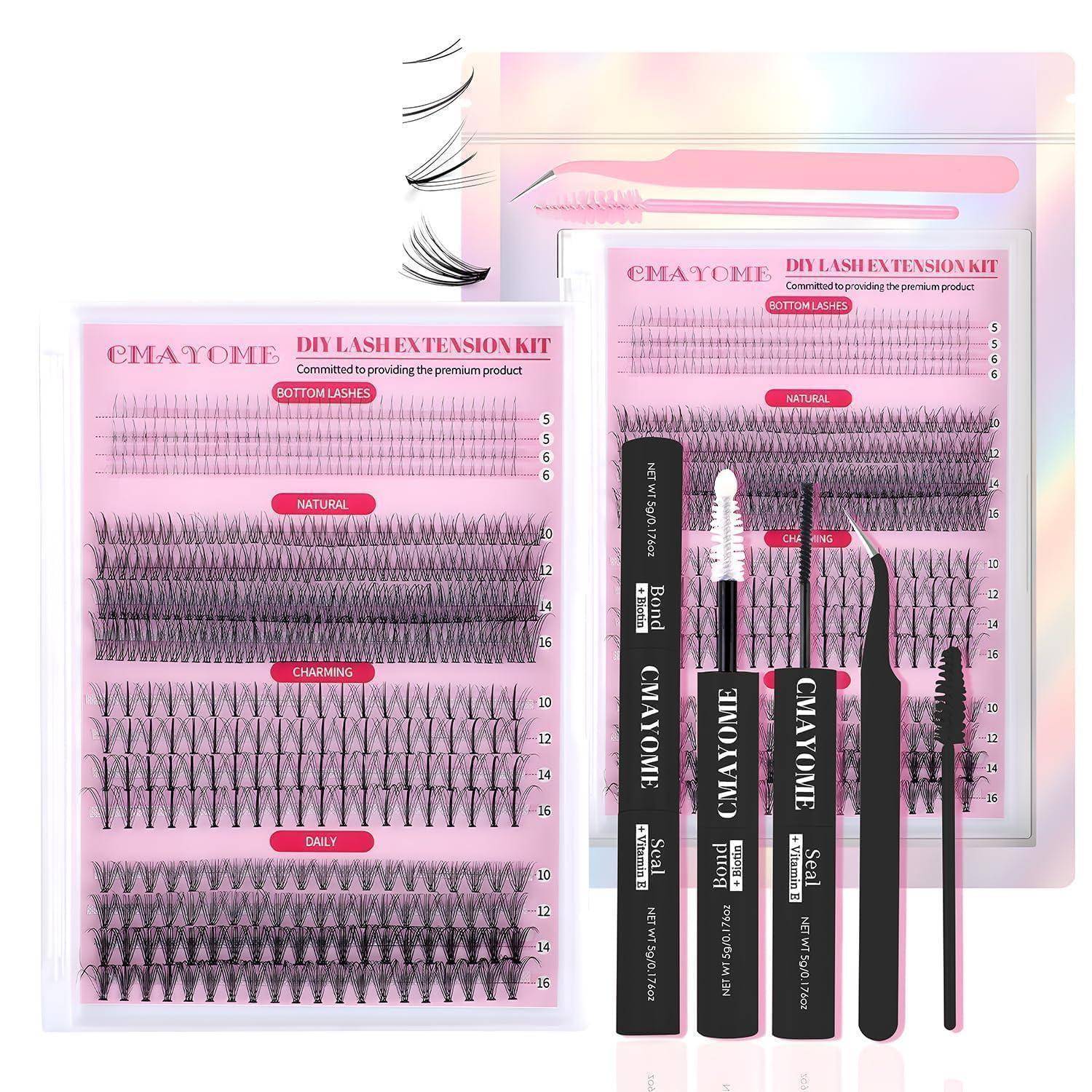 Pink Cmayome DIY Wimpernverlängerungsset-Display mit Wimpernpaletten und fünf Applikator-Tools in transparenter Verpackung.