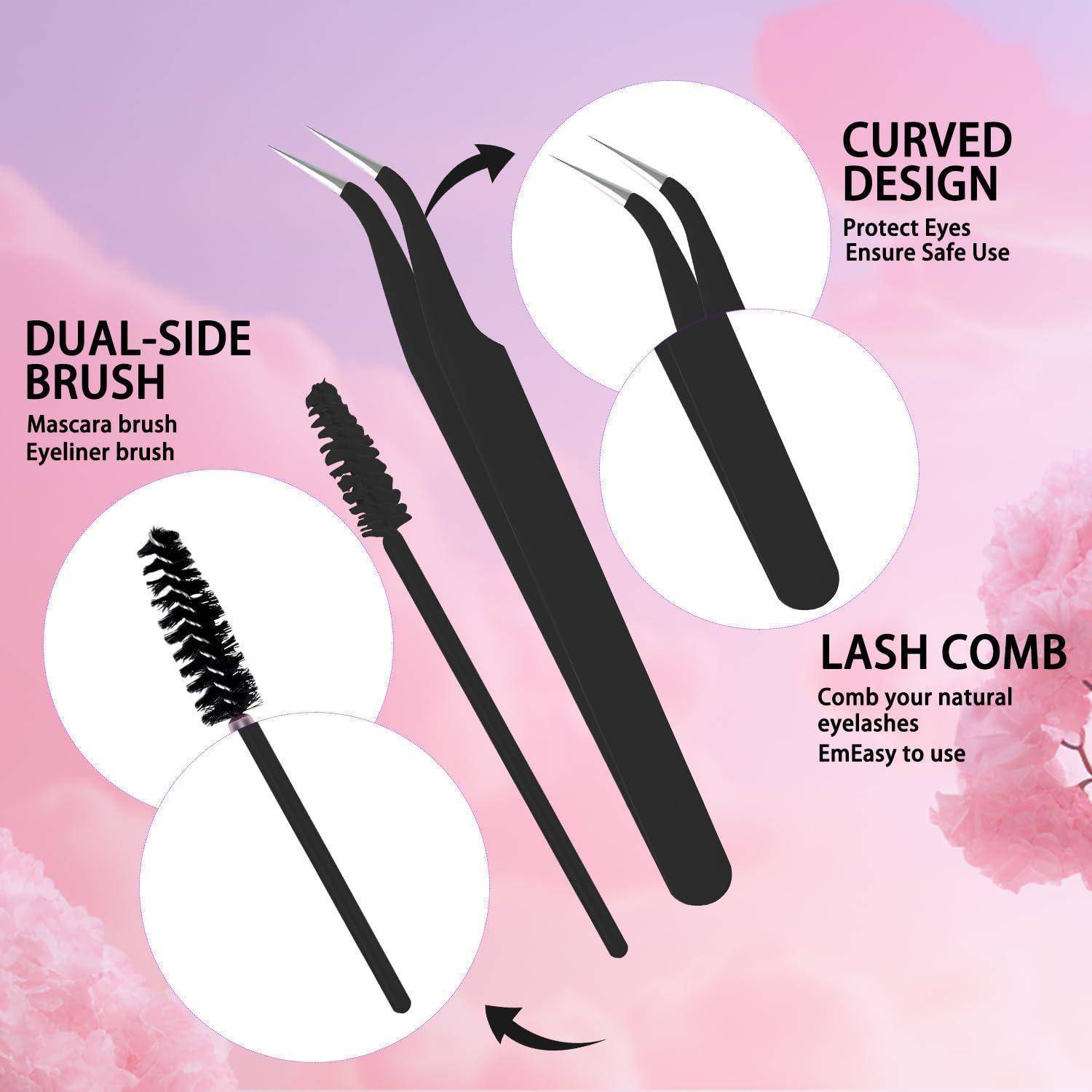 Infografik eines beidseitigen Make-up-Pinsels: Mascara-Pinsel und Eyeliner-Pinsel mit gekrümmtem Design zum Schutz der Augen und einem Wimpernkamm zur Pflege der Wimpern.