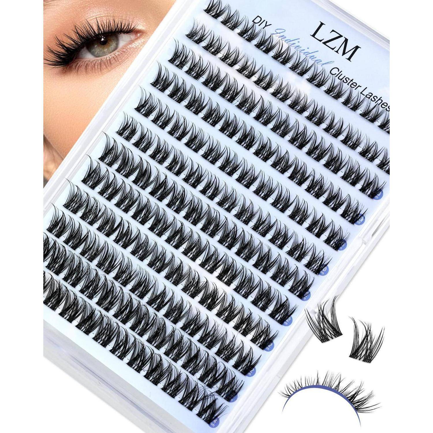 Packung mit falschen Wimperncluster-Extensions mit einem Nahaufnahme-Augenmodell, das verpackte Wimpernschalen und Muster-Wimpernstreifen zeigt.