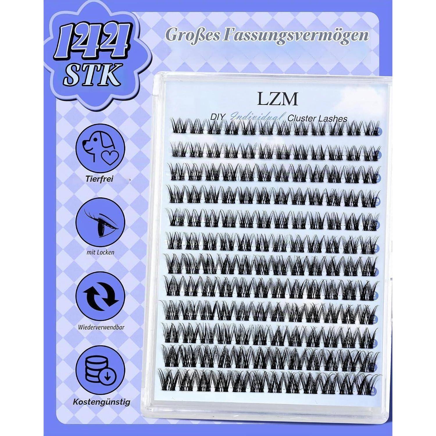 Paket mit LZM DIY-Cluster-Wimpern, 124 Paare, mit deutschen Etiketten für große Kapazität, tierversuchsfrei, geeignet für Wimpern, wiederverwendbar und kostengünstig.