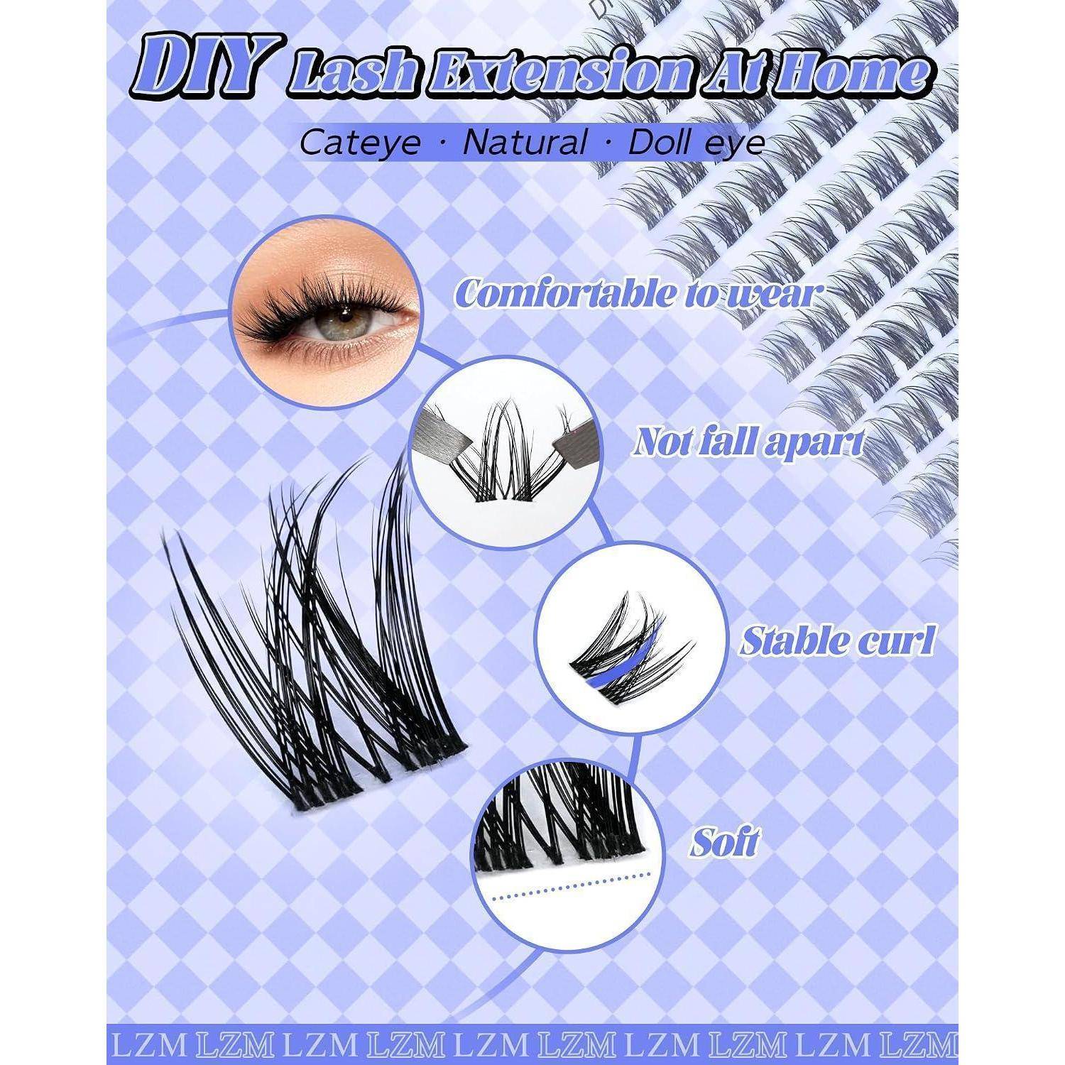 Werbegrafikfür DIY-Wimpernverlängerung zu Hause, die Wimpernbündel und ein Auge mit Funktionsbeschriftungen zeigt: 'Angenehm zu tragen', 'Fällt nicht auseinander', 'Stabiler Curl', 'Weich'.