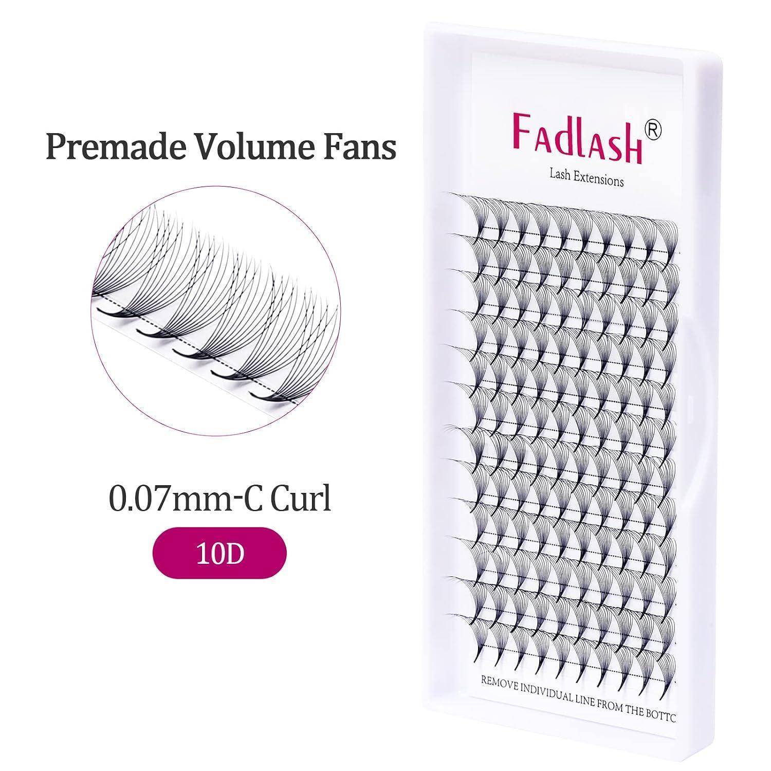 Fadlash Wimpernverlängerungs-Set mit vorhergestellten Volume-Fächern, 0,07mm C-Krümmung, 10D.