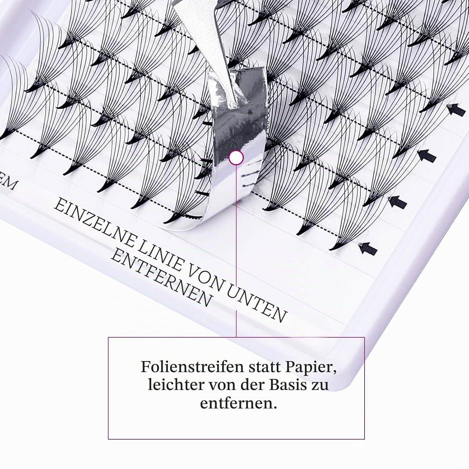 Illustration eines Blattes mit vielen aufwärts gerichteten schwarzen Pfeilen; deutscher Text besagt, dass eine einzelne untere Linie entfernt wurde und der Filmstreifen leichter abzuziehen ist als Papier.