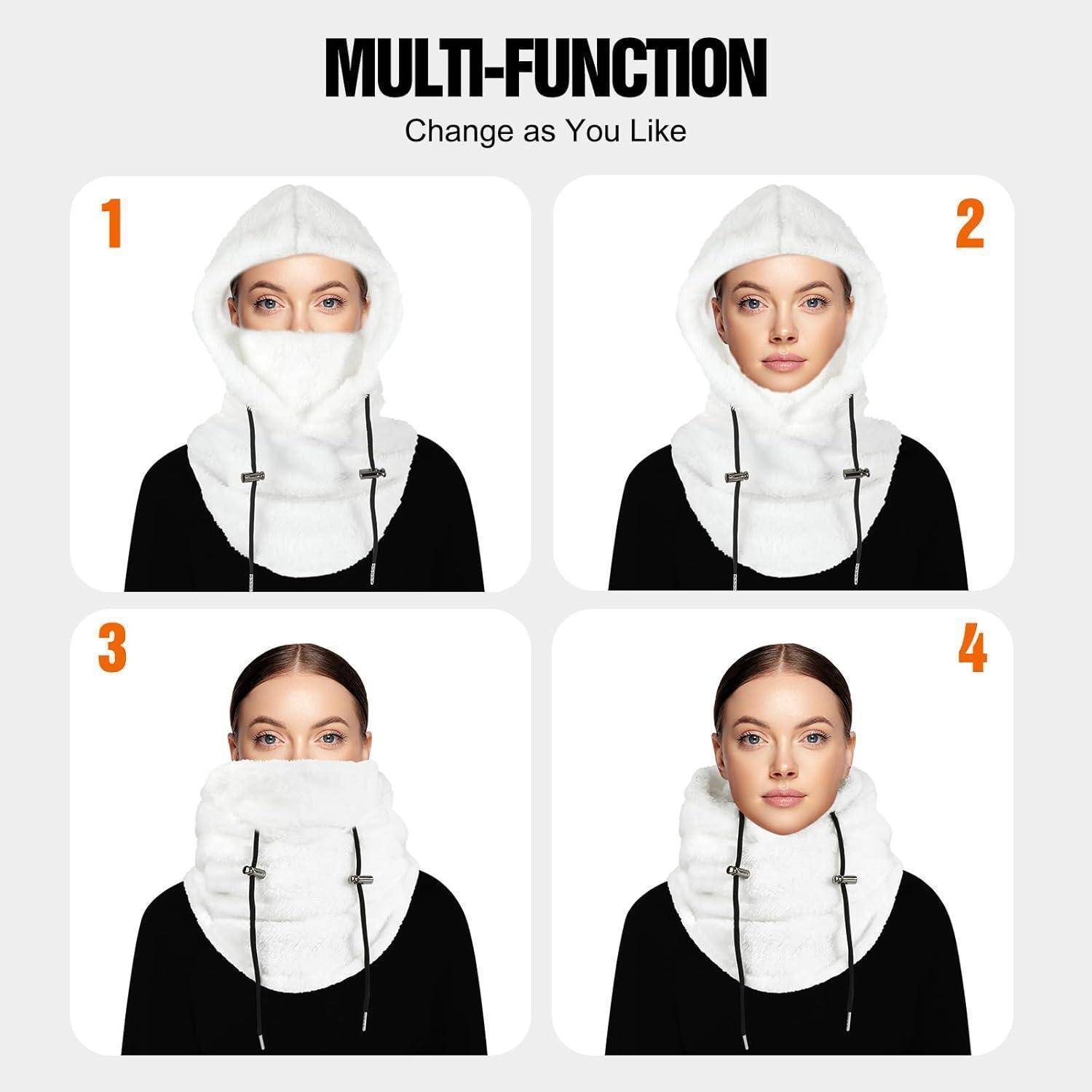 Produktgrafik mit einem weißen Halswärmer mit Kapuze, der auf vier verschiedene Weisen getragen wird; der Titel lautet „MULTIFUNKTION
