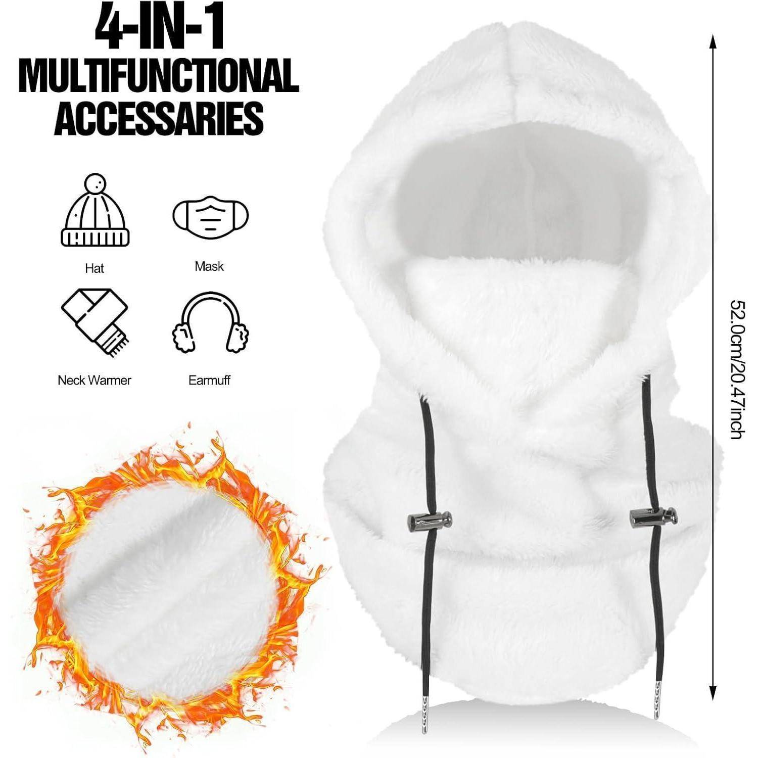 Produktgrafik, die ein weißes 4-in-1-Multifunktionszubehör zeigt, das als Hut, Maske, Nackenwärmer oder Ohrenschützer getragen werden kann, mit der Größe 52cm/20,47 Zoll.