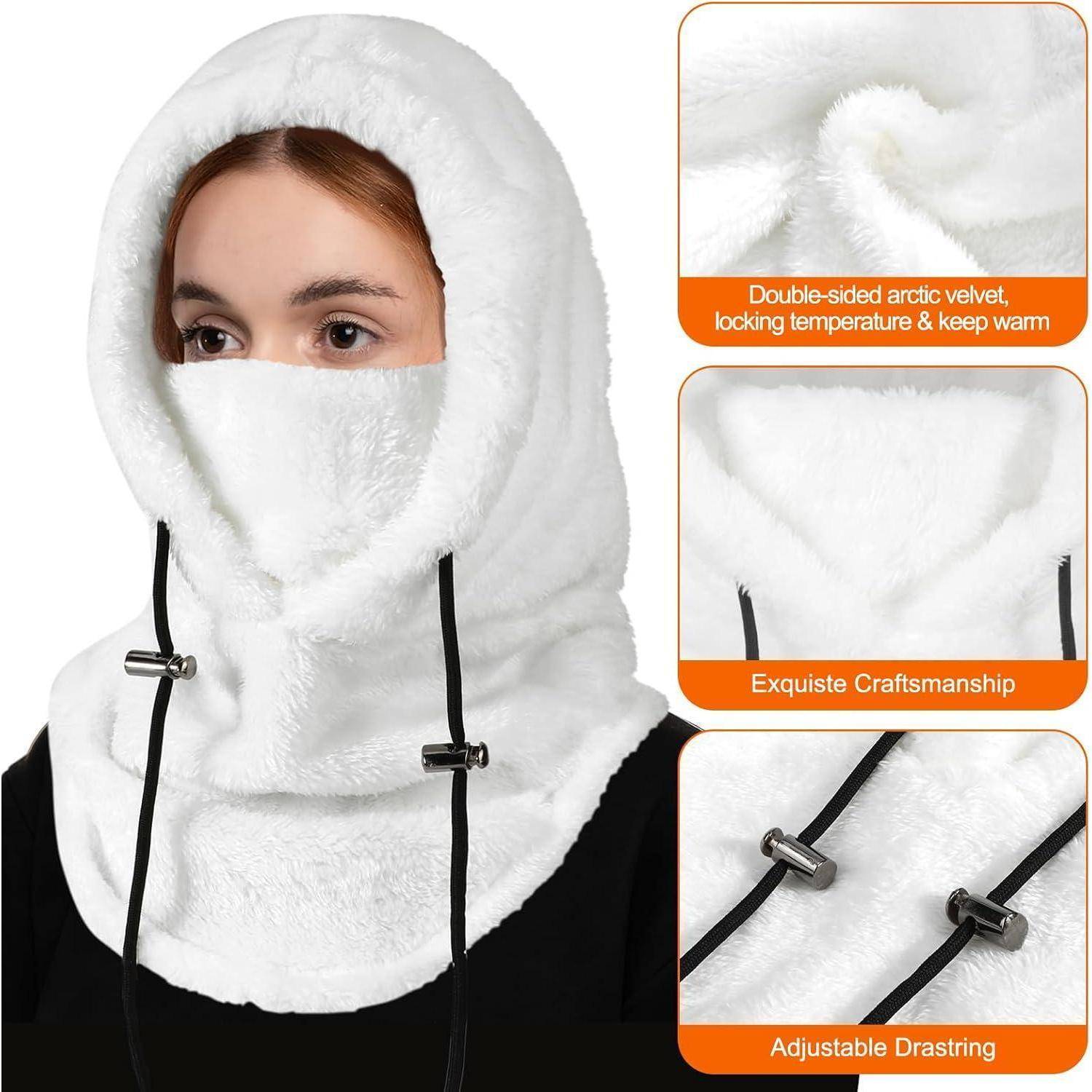Weiße Fleece-Sturmhaube, die Kopf und Gesicht bedeckt, mit Nahaufnahmen, die das doppelseitige arktische Samt, die Handwerkskunst und die verstellbaren Zugschnüre hervorheben.