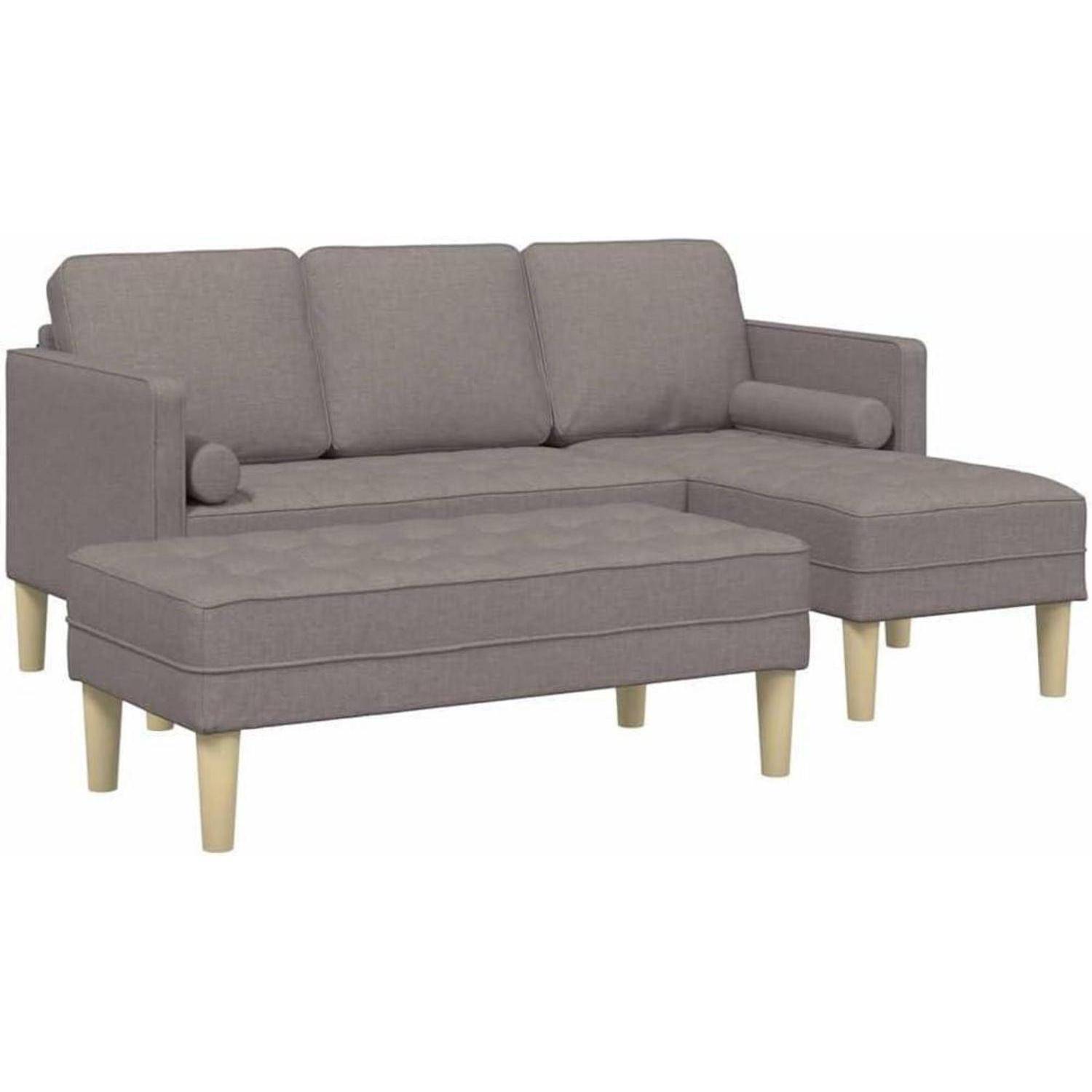 Graues Ecksofa mit Chaiselongue und passendem Polsterhocker, mit Stoff bezogen und hellen Holzbeinen.