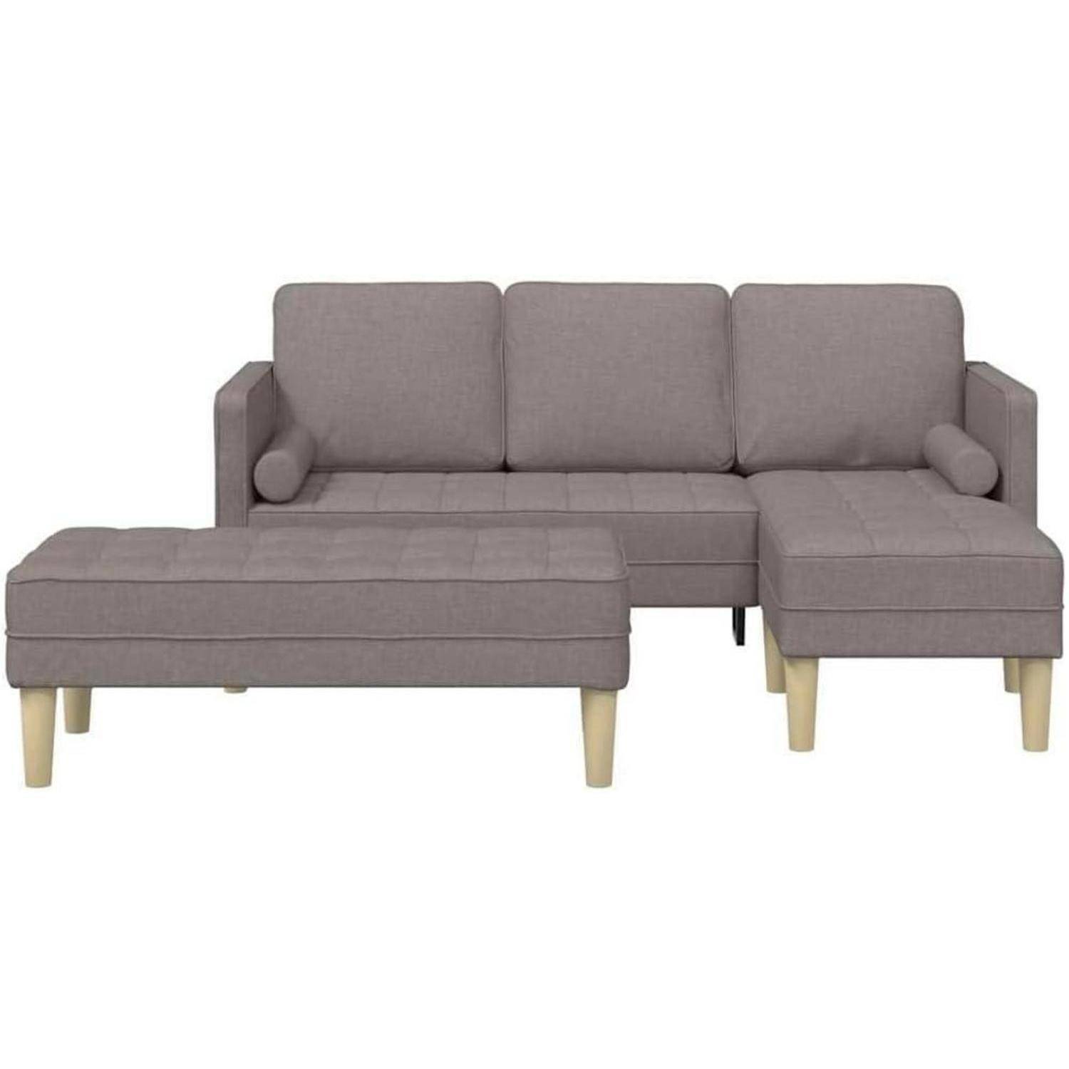 Graues Ecksofa mit Chaiselongue und ottomanischem Sitzbänkchen auf weißem Hintergrund.