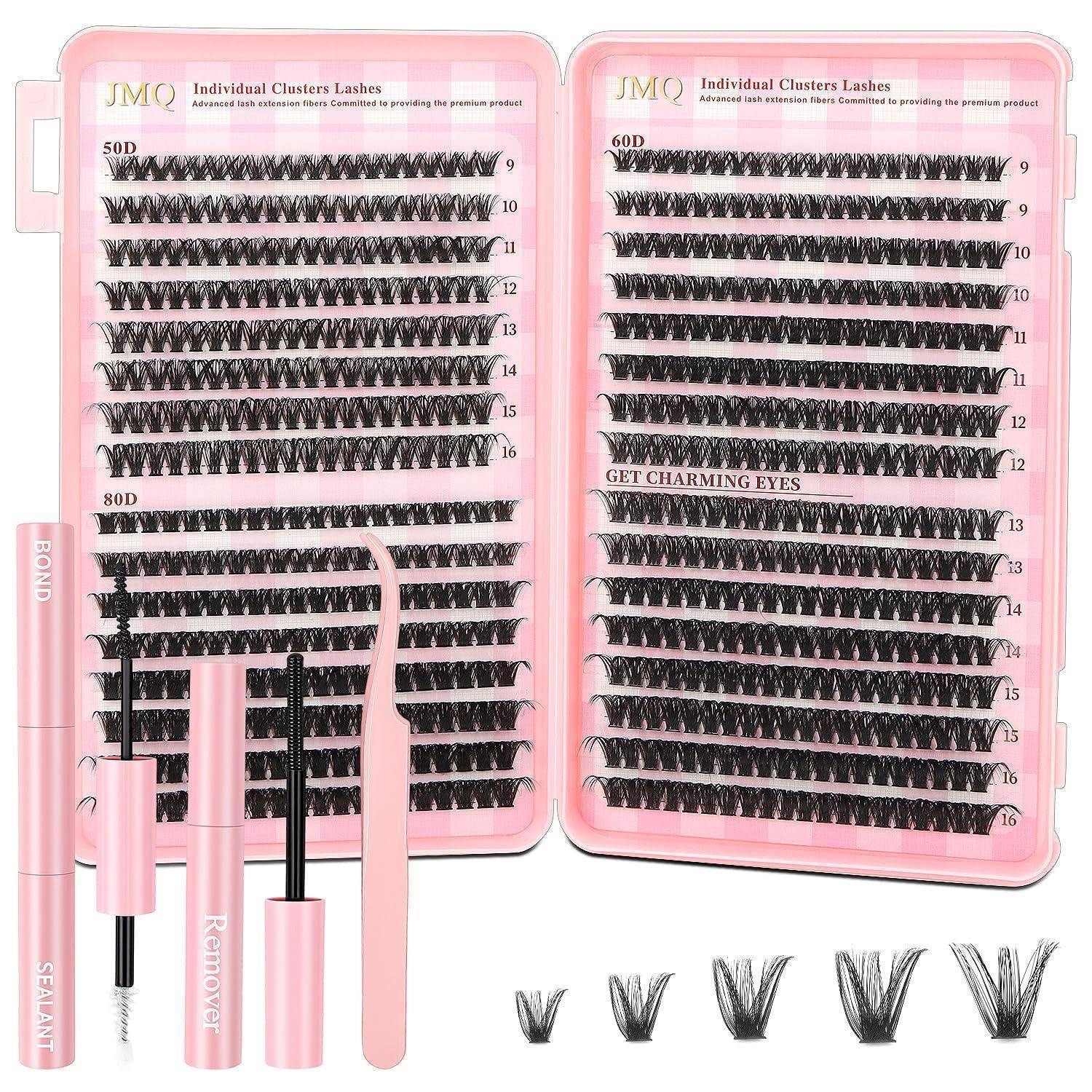 Pink Wimpernverlängerungs-Set mit zwei Etuis mit einzelnen Cluster-Wimpern, gekennzeichnet nach Wölbung und Länge, plus Pinzetten und Applikator-Werkzeuge.