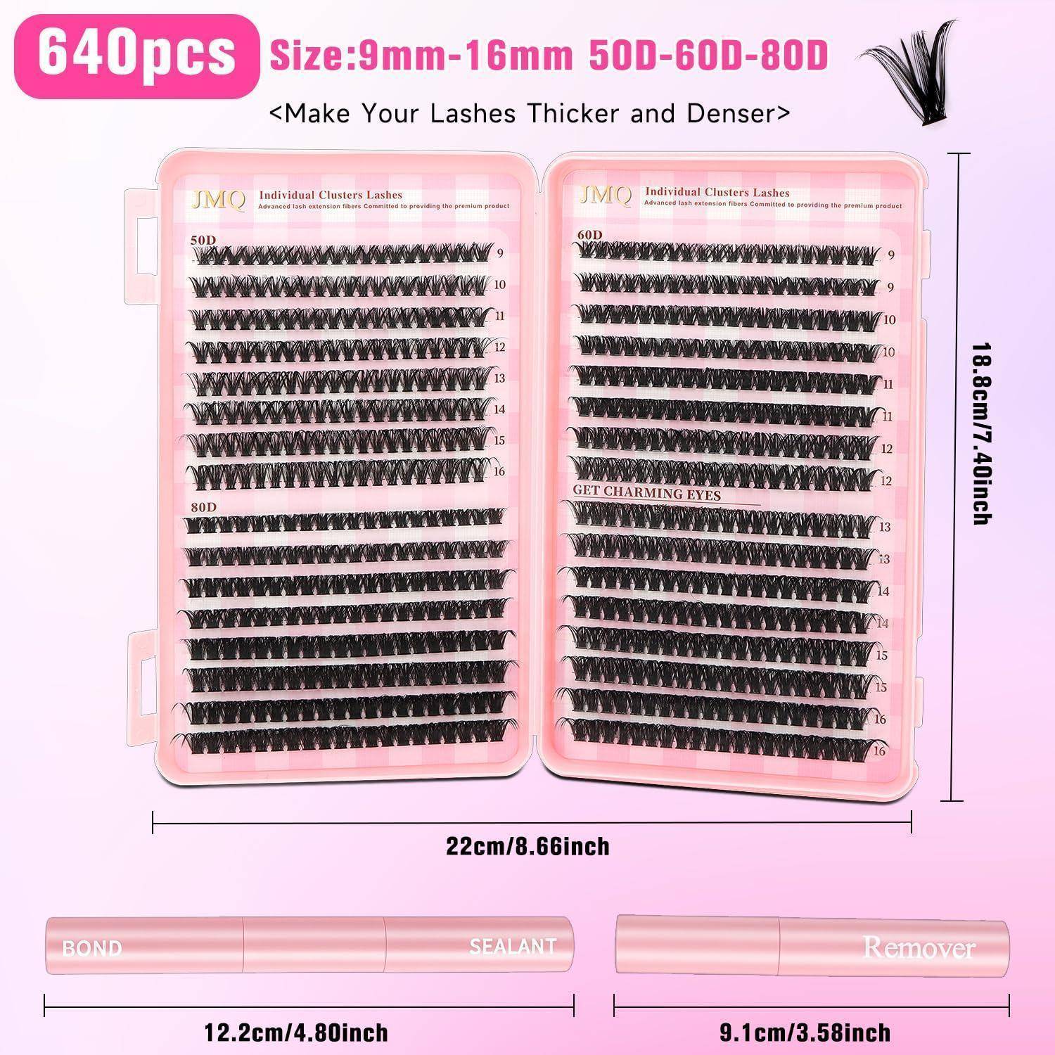 Pink-Wimpernverlängerungsset mit 640 Stück, Wimpernlänge 9mm-16mm, zwei Wimpernablage-Tabletts und drei Werkzeuge mit den Bezeichnungen Bond, Sealant und Remover sowie Abmessungen.