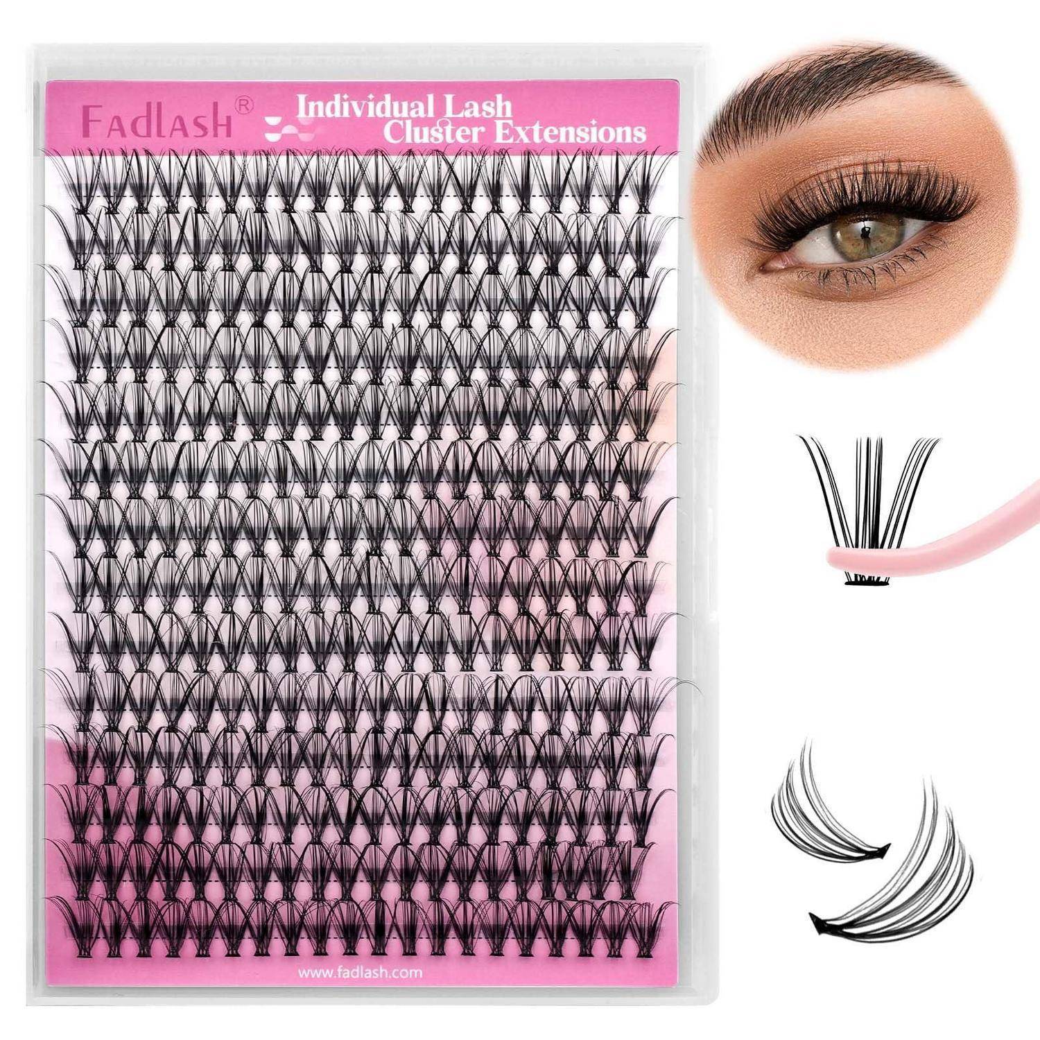 Packung mit 'FadLash' Wimpernverlängerungen aus einzelnen Clustern mit Applikations-Nahaufnahme und Wimpernfächer-Illustrationen auf der rechten Seite.