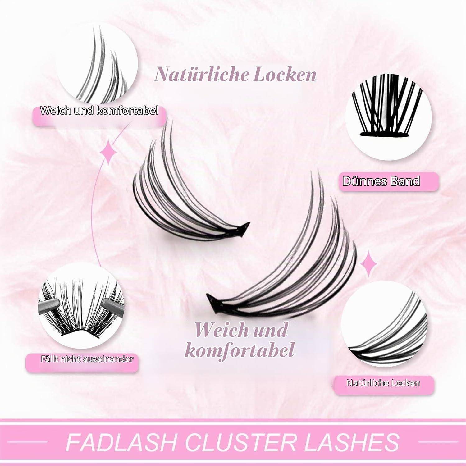 Werbegrafik für Fadlash-Cluster-Wimpern, die natürlich aussehende, weiche, komfortable Wimperncluster mit dünnen Bändern und mehreren Nahaufnahmen verschiedener Stile zeigt.