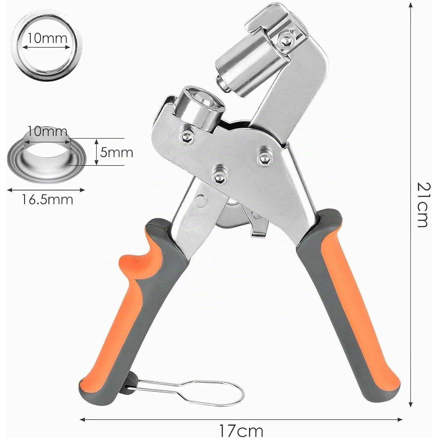 Tragbares Metallösensetzer-Werkzeug mit orange-schwarzen Griffen, gezeigt mit 10-mm-Ösengröße und Abmessungen von 21 cm Höhe und 17 cm Breite.