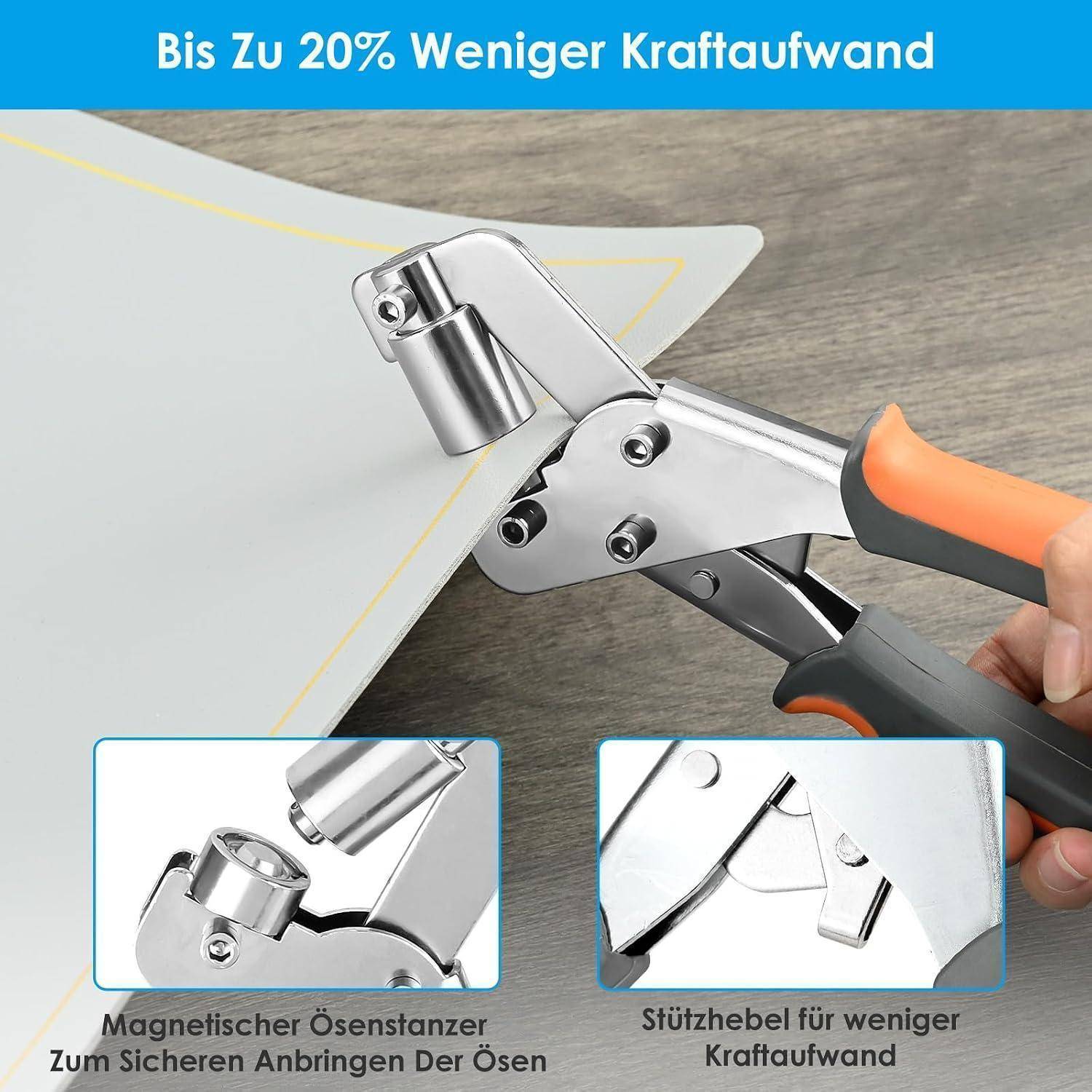Nahaufnahme einer Hand, die ein Metalllochwerkzeug auf Blattmaterial verwendet, mit deutschem Text „Bis Zu 20% Weniger Kraftaufwand" und Detailansichten der magnetischen Öseneinstellung und der Stützhebeldetails.