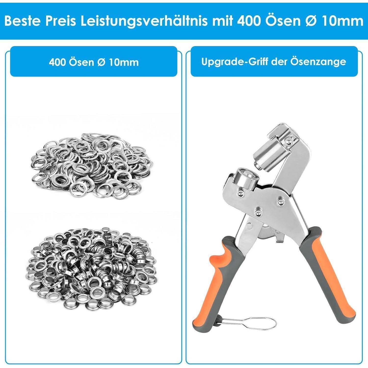 Produktvergleichsgrafik mit 400 10mm Ösen und einem Upgrade-Ösen-Schlagwerkzeug, beschriftet mit "Beste Preis-Leistungs-Verhältnis mit 400 Ösen Ø 10mm"".