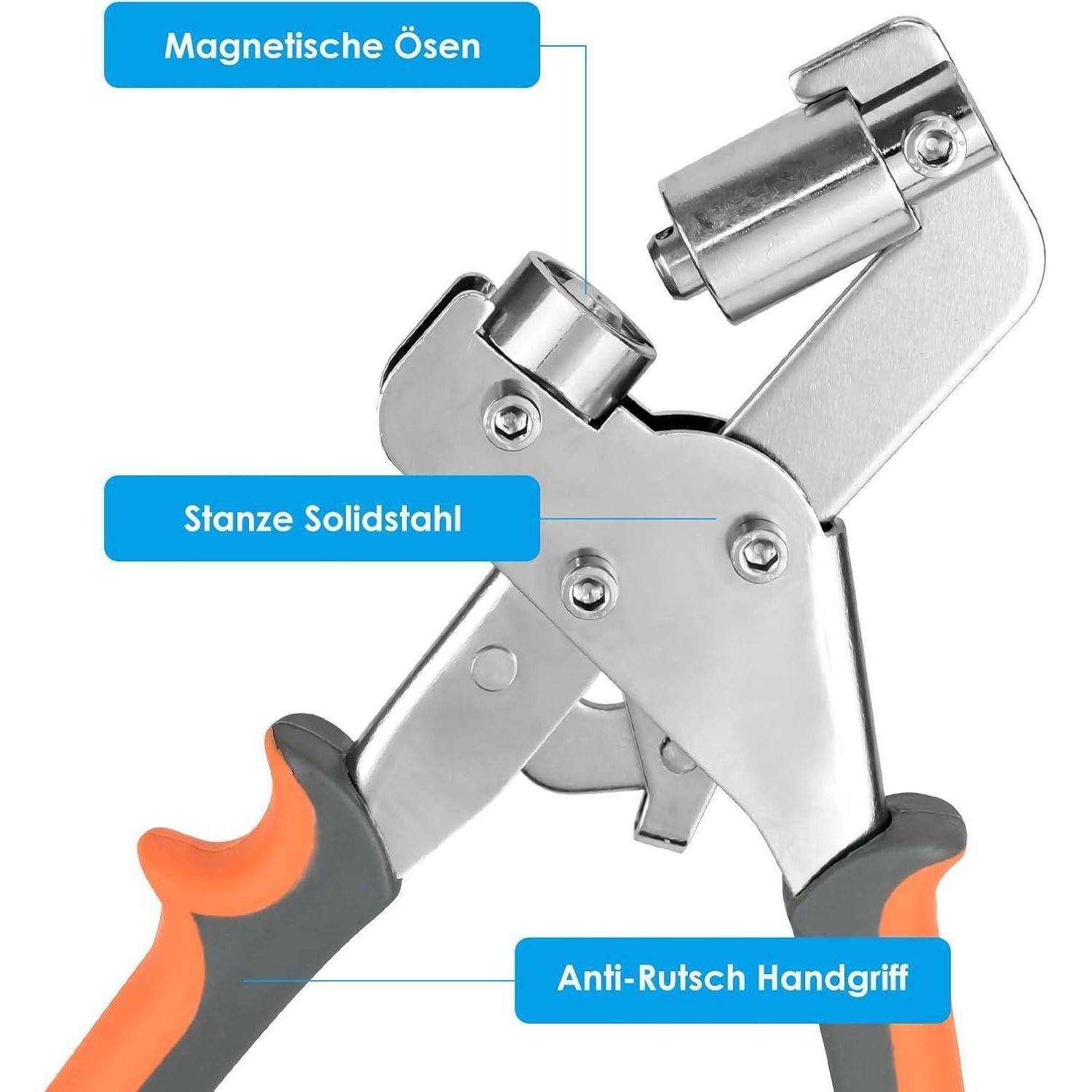 Silbernes Handwerkzeug aus Metall mit orangefarbigen rutschfesten Griffen und Beschriftungen „Magnetische Ösen", „Stanze Solidstahl"" und „Anti-Rutsch Handgriff"", die seine Komponenten kennzeichnen.