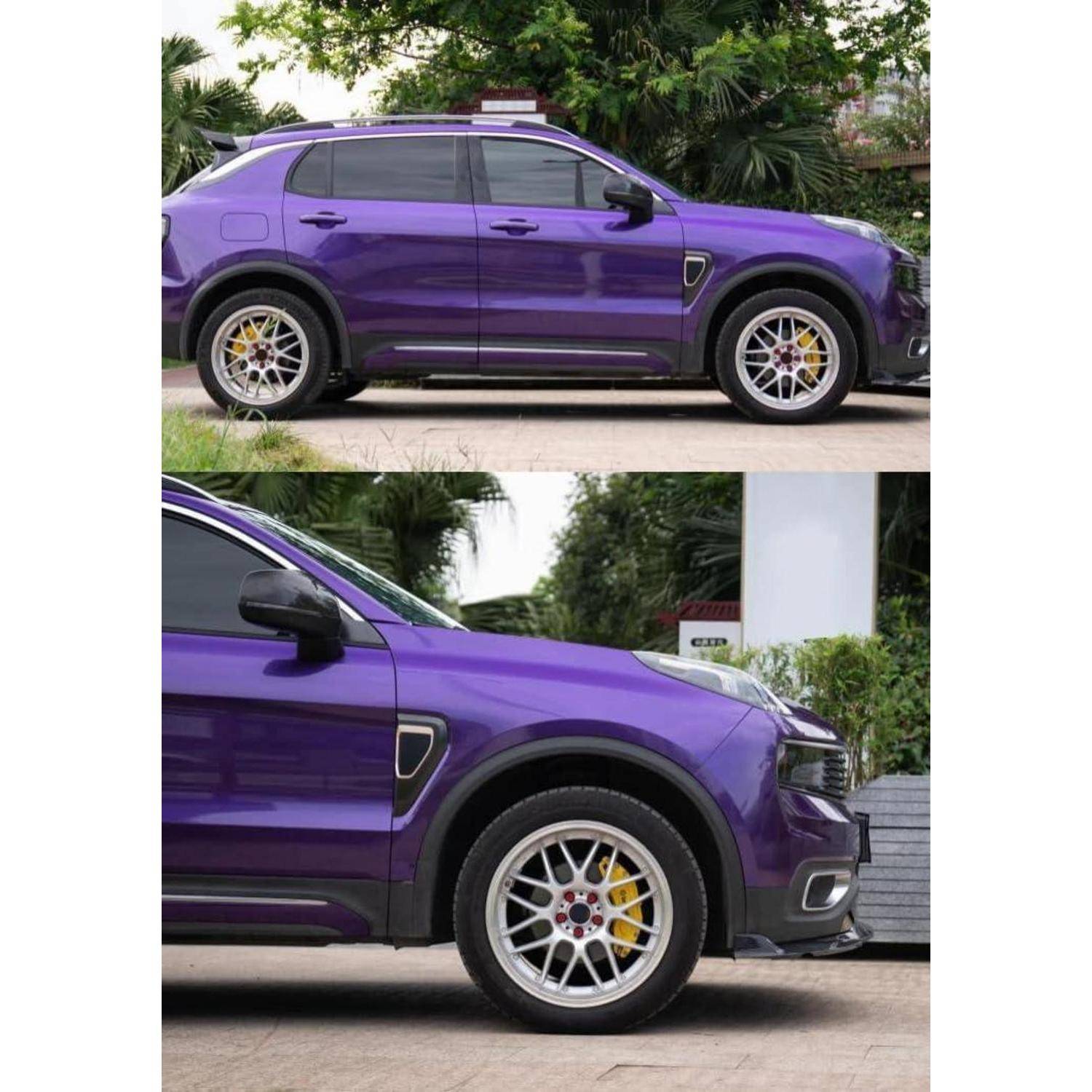 Violettes SUV von der Seite und in Nahaufnahme dargestellt, wobei die benutzerdefinierten silbernen Leichtmetallräder und gelben Bremssättel hervorgehoben werden, geparkt im Freien.