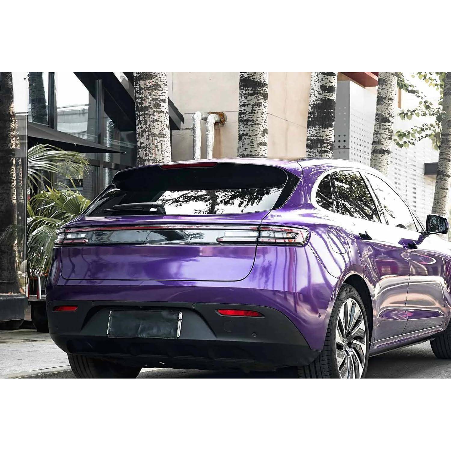 Violettes elektrisches SUV von hinten gesehen, geparkt im Freien in der Nähe moderner Gebäude und Palmen.