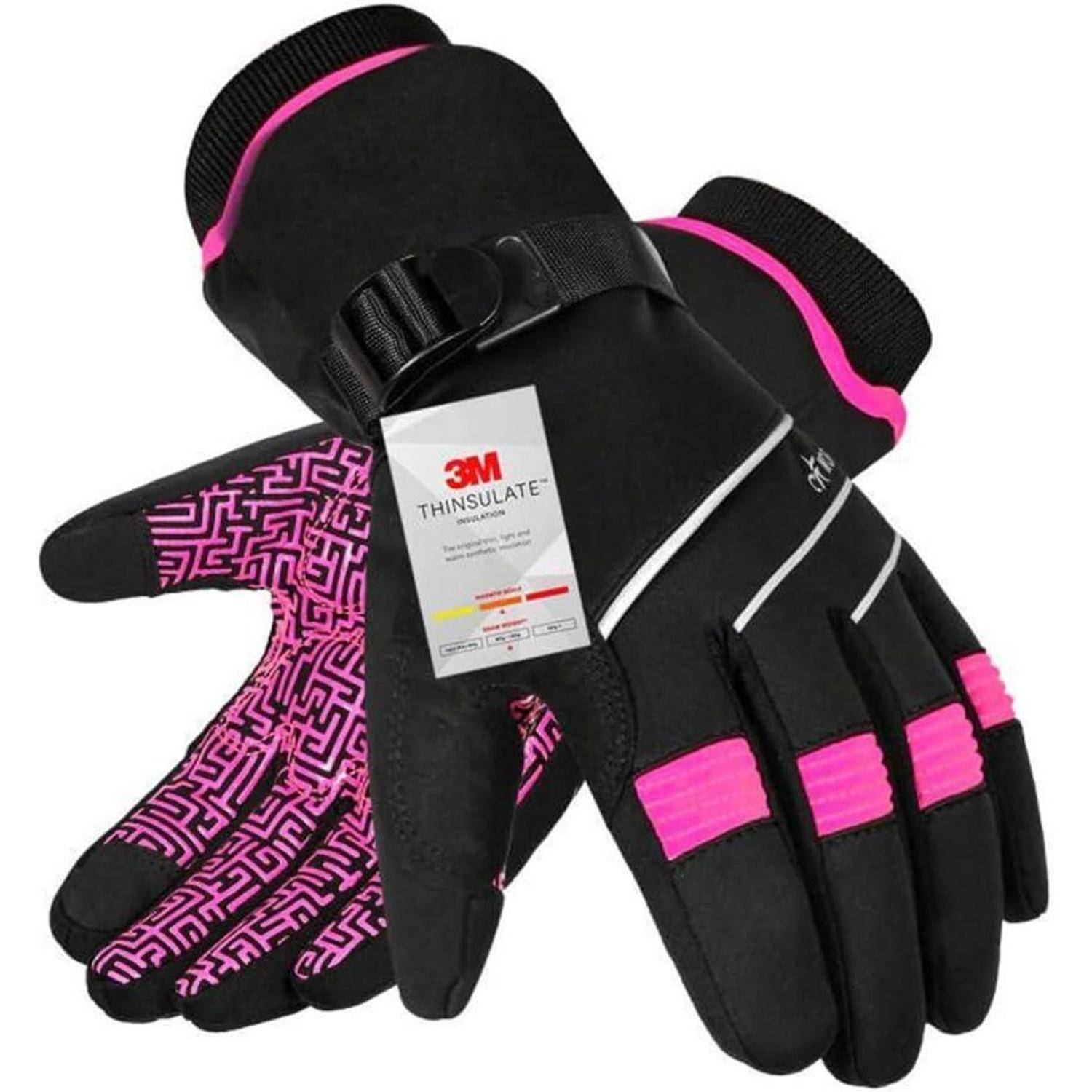 Paar schwarze Winterhandschuhe mit rosa Akzenten und gemusterten rosa Handflächen, gezeigt mit einem 3M-Thinsulate-Etikett.