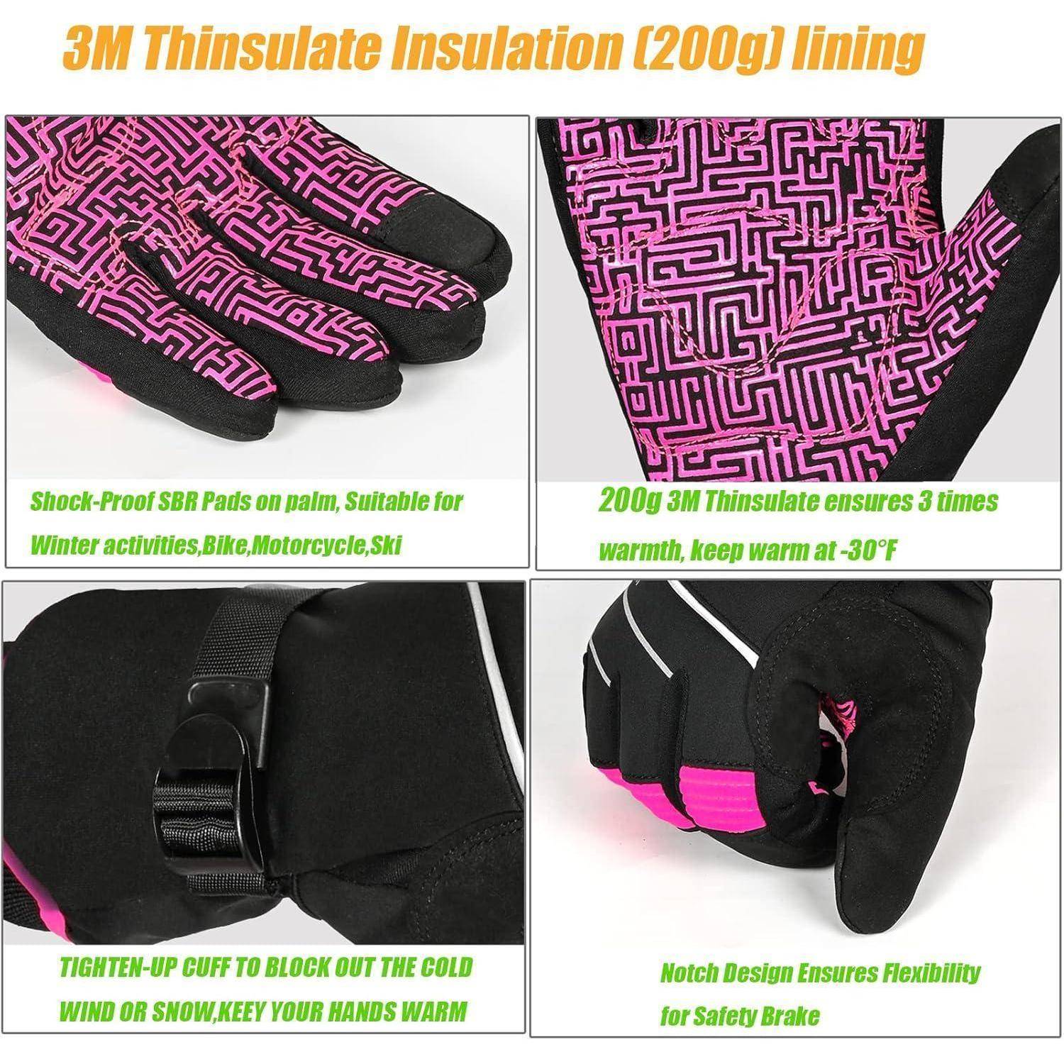 4-teiliges Produktbild von schwarzen und rosa Winterhandschuhen mit Eigenschaften wie 3M Thinsulate-Futter, gepolsterter Handfläche, engem Bündchen und flexiblem bremsfreundlichem Griff.