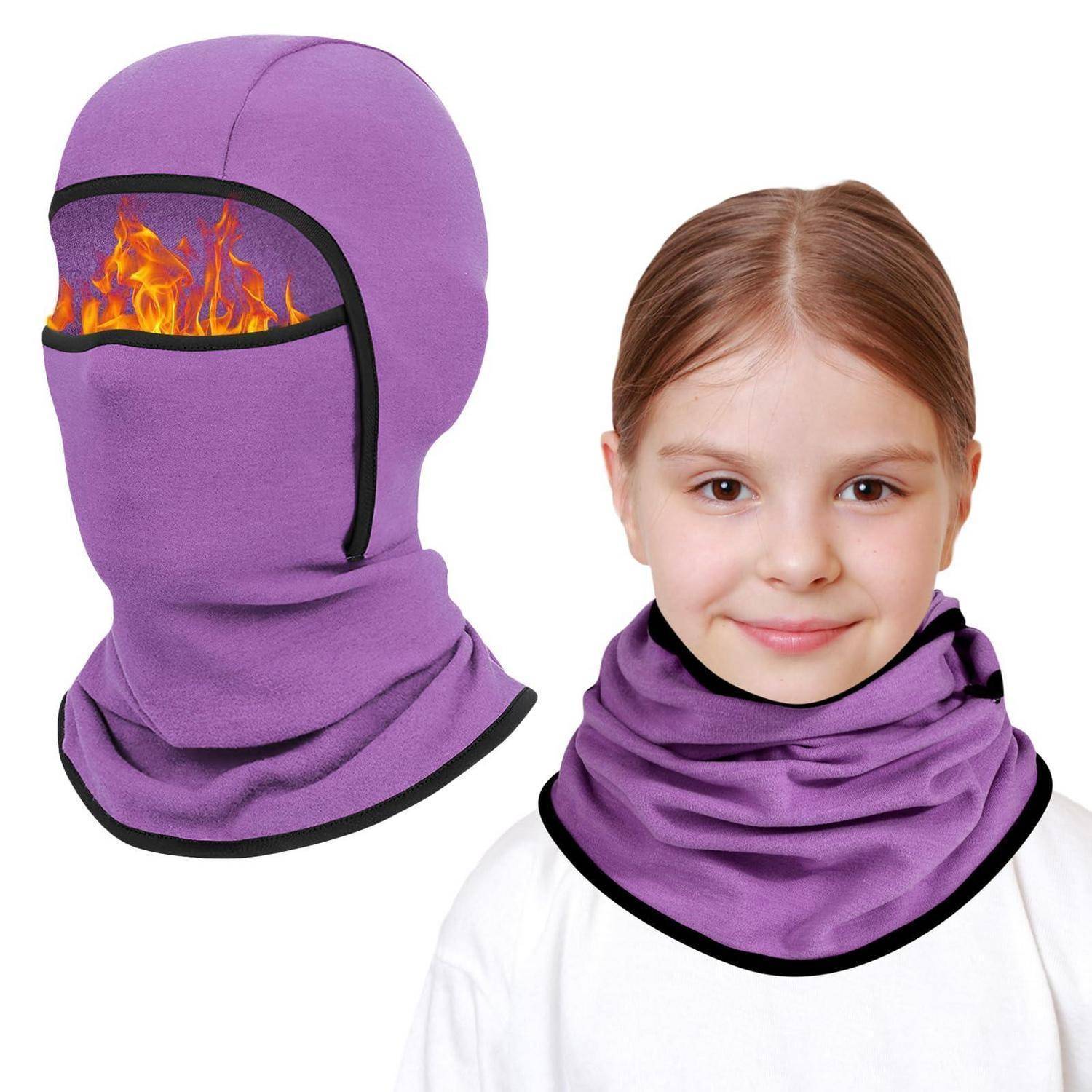 Violette feuerbeständige Sturmhaube, die auf einer Schaufigur gezeigt und von einem Kind als Halstuch getragen wird