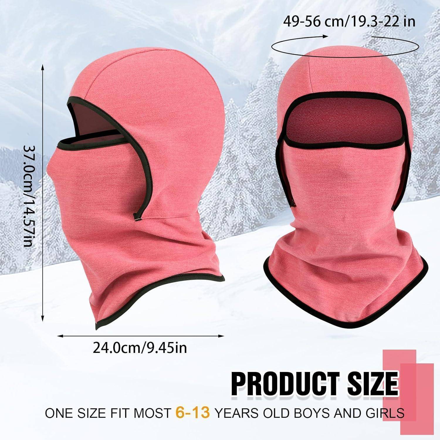Rosa Kinder-Sturmhaube Wintergesichtsmaske von der Seite und Vorderseite gezeigt, mit Größenangaben 37 cm hoch, 24 cm breit und 49–56 cm Kopfumfang; eine Größe passt für Alter 6–13 Jahre.