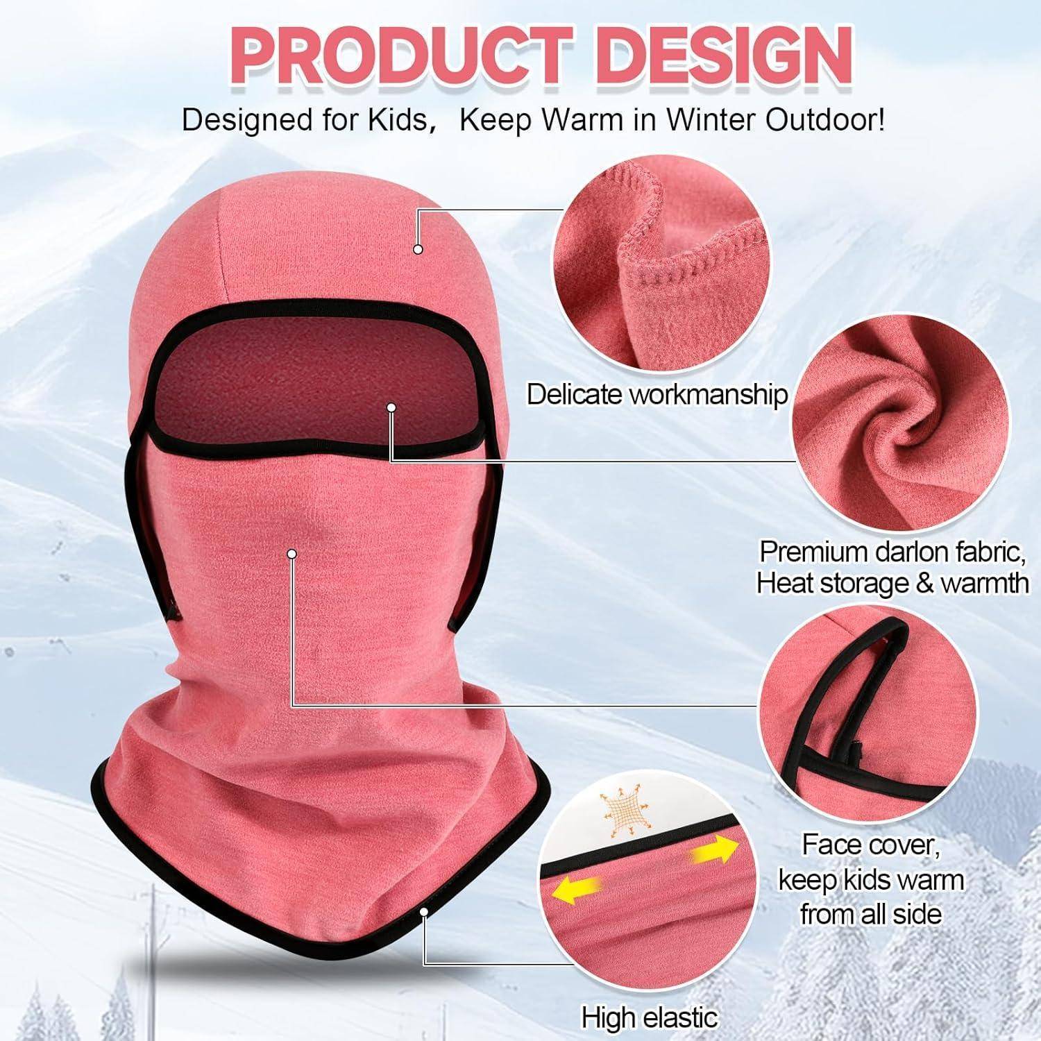 Rosa Kinder-Wintergesichtsabdeckung/Haube mit schwarzem Rand, gekennzeichnet als „Produktdesign", hebt feine Handwerkskunst, Premium-Stoff, Wärmeisolation, Gesichtsabdeckung und hohe Elastizität hervor.