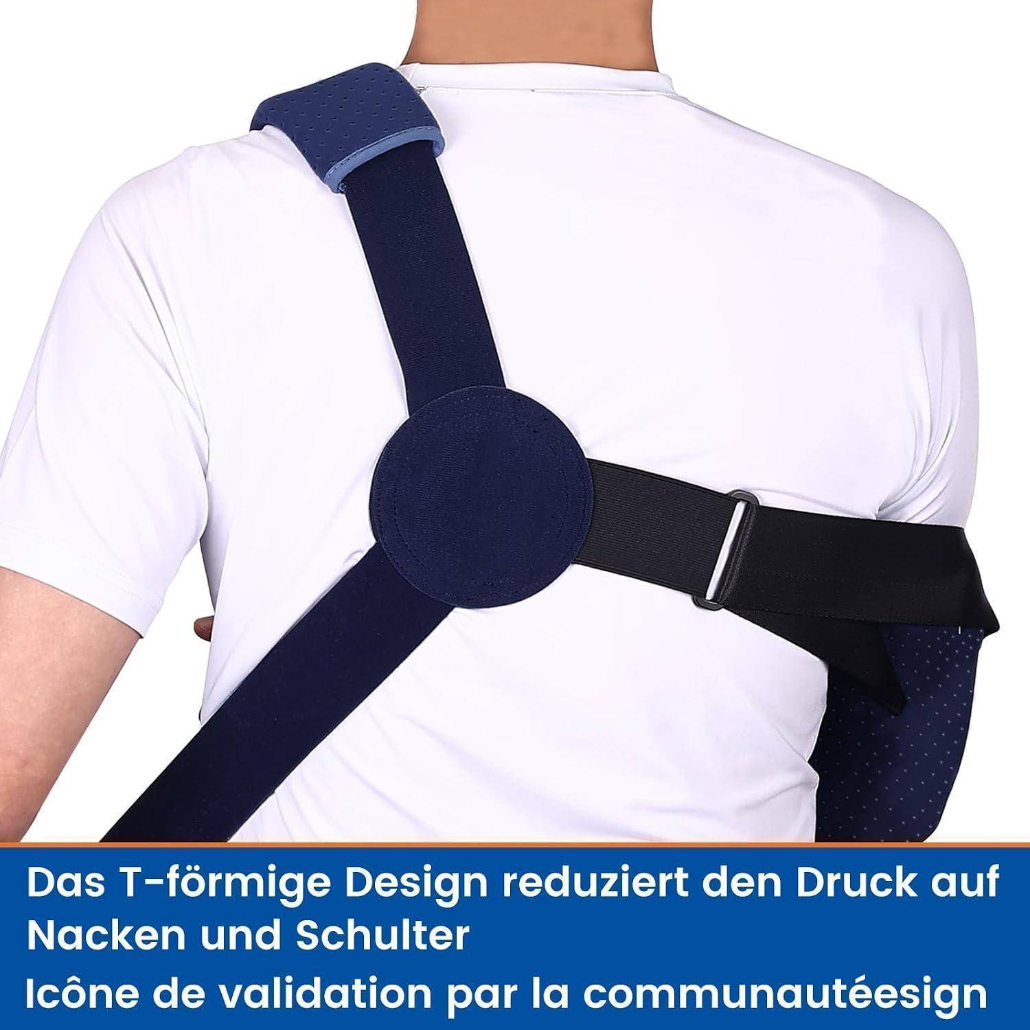 Rückansicht einer Person, die eine T-förmige Schulter- und Rückenstützorthese trägt, die hilft, den Druck auf Nacken und Schultern zu verringern.