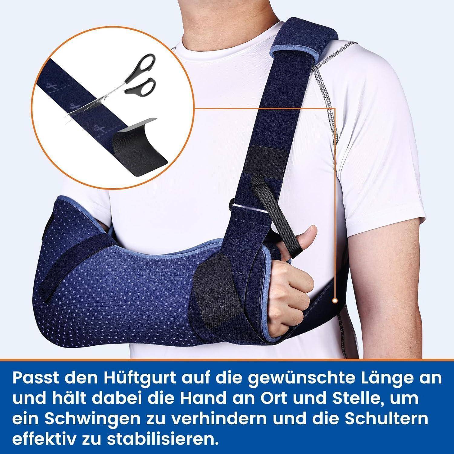 Person trägt eine blaue Armschlinge und Schultergurtverstärkung, dargestellt mit eingefügter Schere, die den Gurt trimmt; deutscher Text erklärt die Anpassung der Hüftgurtlänge zur Stabilisierung.