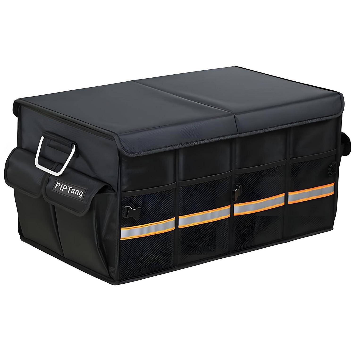 Schwarze faltbare Kofferraumorganizer-Tasche mit Seitentasche, Griffen und reflektierendem orange Streifen.