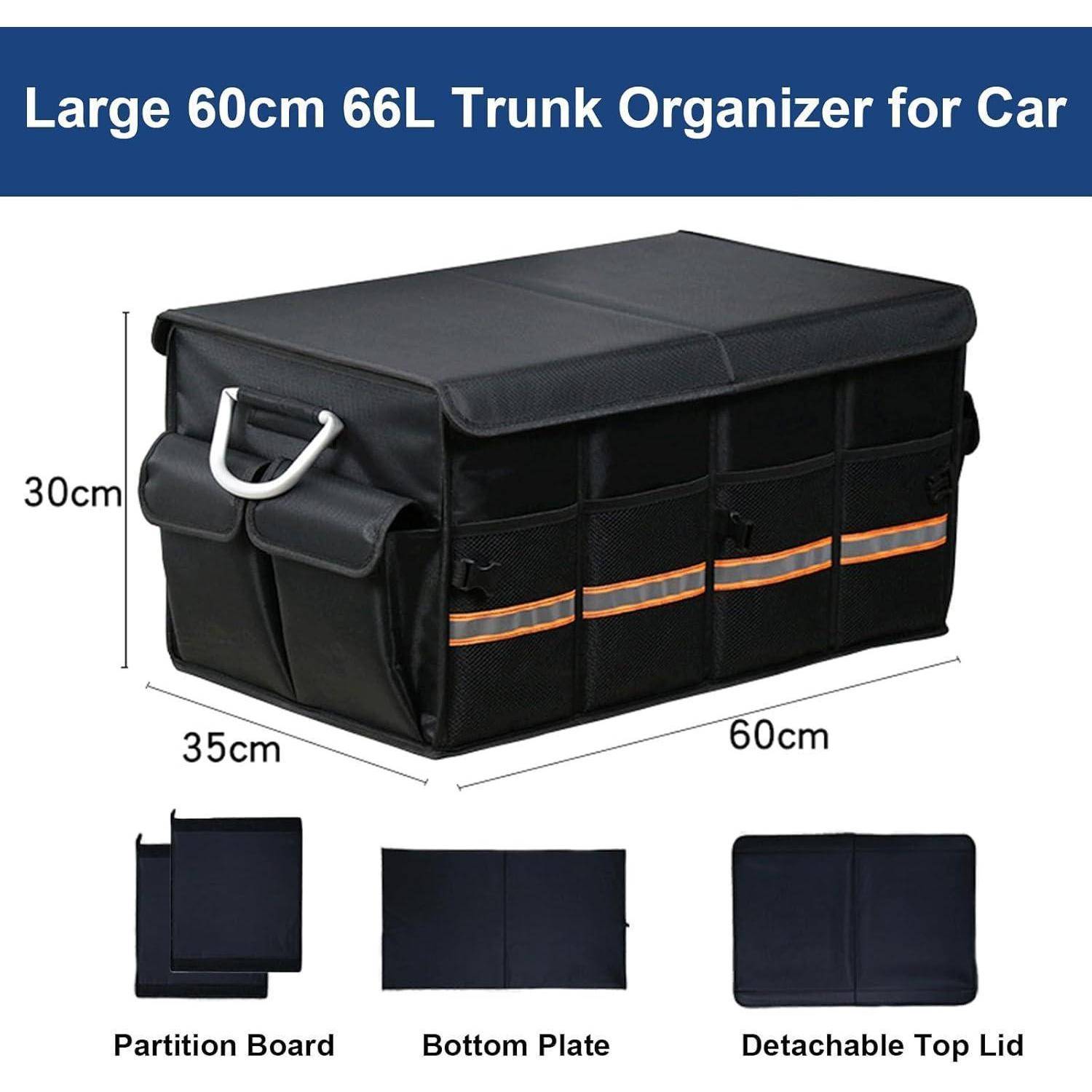 Produktbild eines schwarzen Kofferraum-Organizers mit der Bezeichnung „Großer 60cm 66L Kofferraum-Organizer für Auto