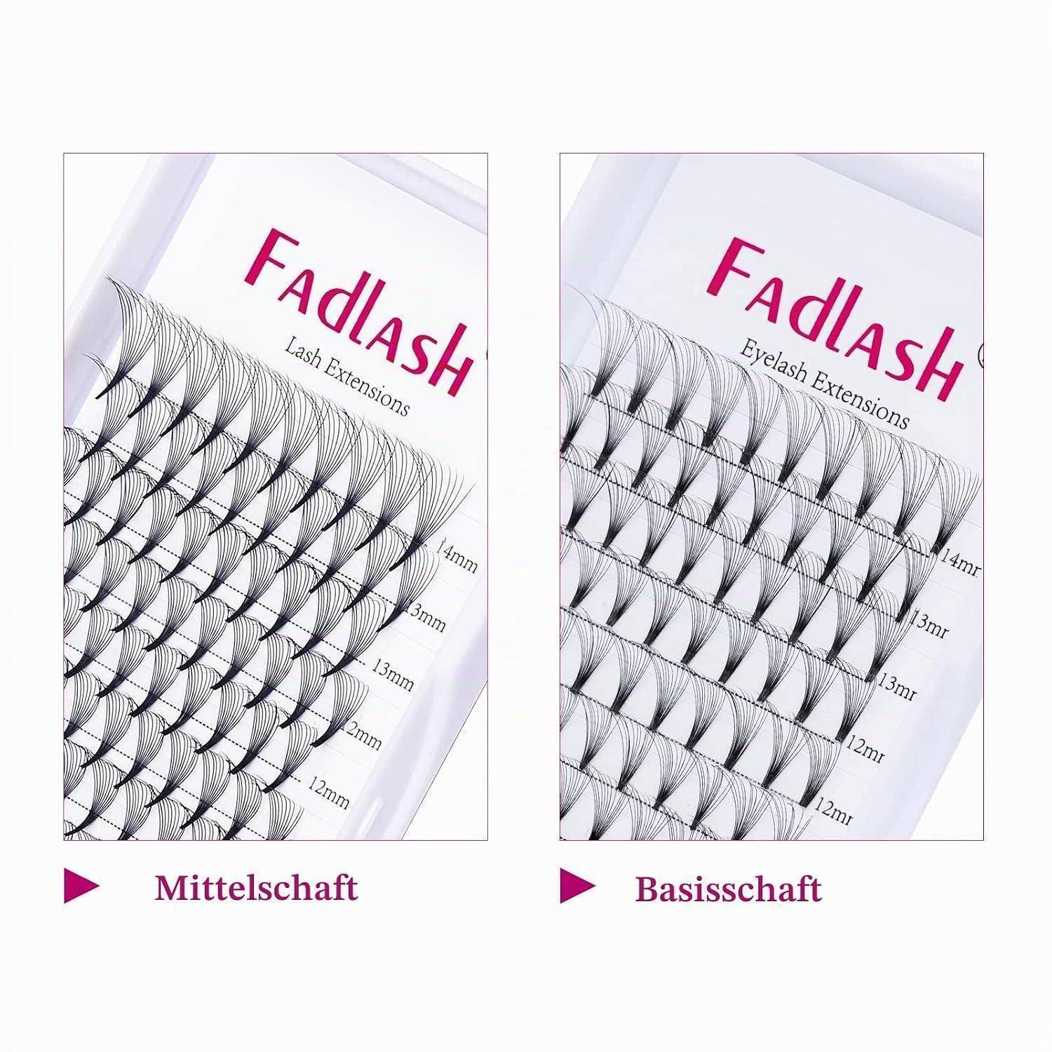 Nebeneinander angeordnete Produktbilder von FadLash-Wimpernverlängerungsbehältern, die die Wimpernfächerformen und -längen von „Mittelschaft
