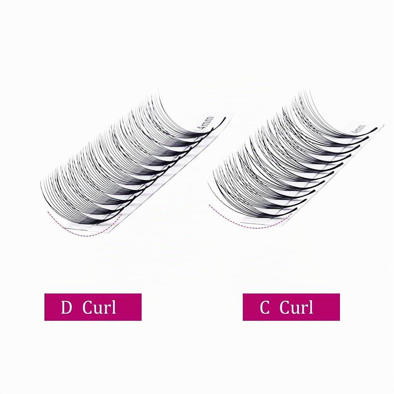 Nebeneinander angeordnete Wimpernkräusel-Beispiele mit den Bezeichnungen „D Curl