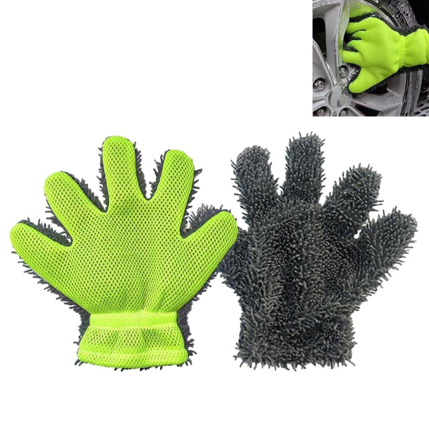 Paar fünffingeriger Autowäsche-Handschuhe, neongrüne Meshvorderseite und dunkelgraue Chenille-Rückseite, mit eingefügtem Bild beim Reinigen eines Rades.
